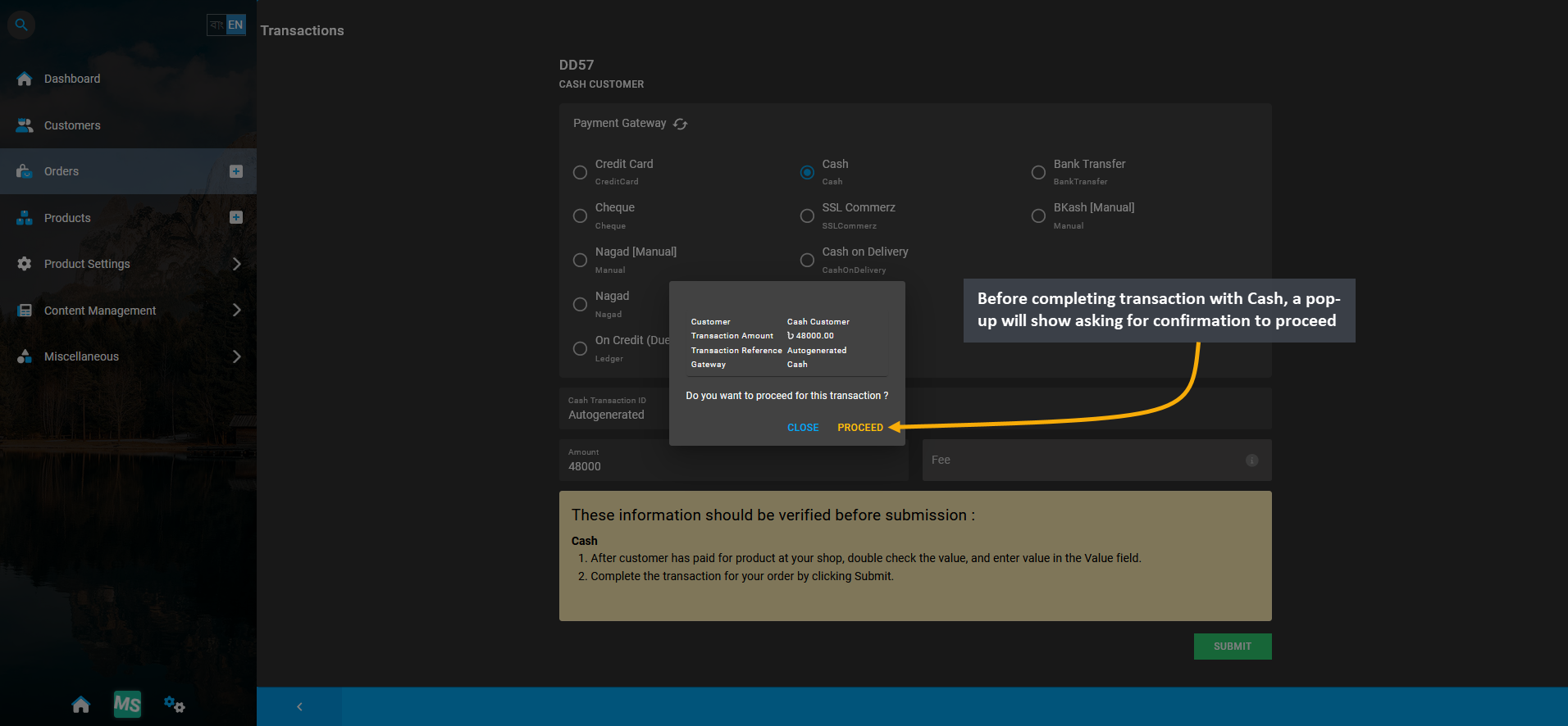 Cash payment confirmation modal, Before completing transaction with Cash, a pop-up will show asking for confirmation to proceed.