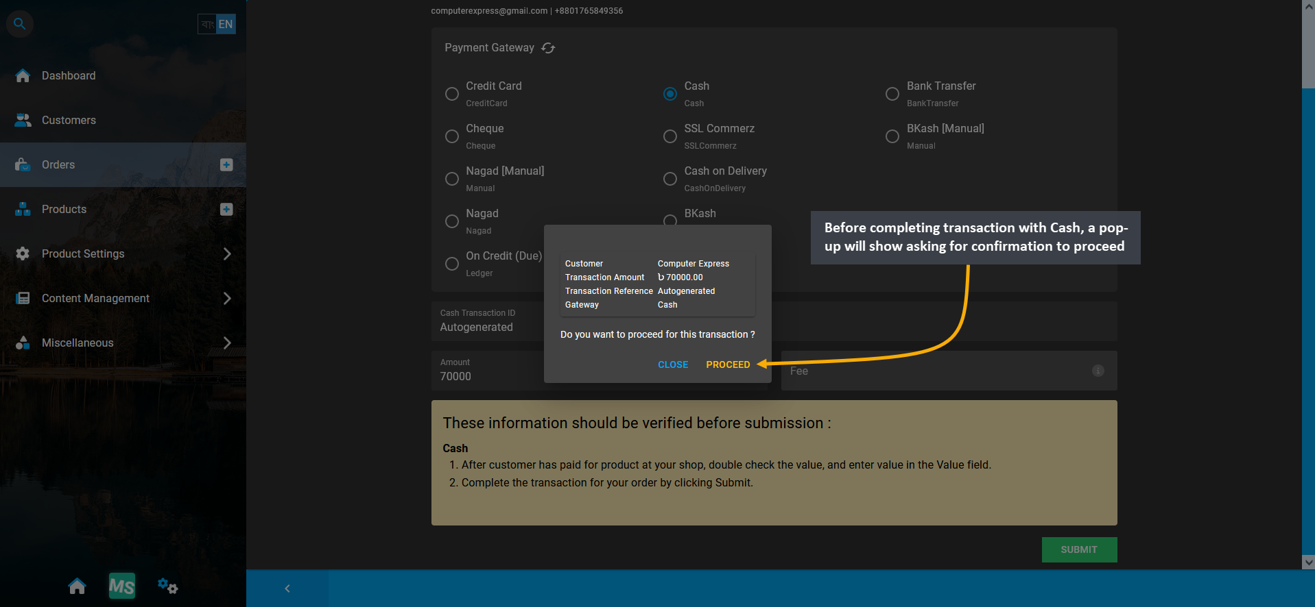 Cash payment confirmation modal, Before completing transaction with Cash, a pop-up will show asking for confirmation to proceed.