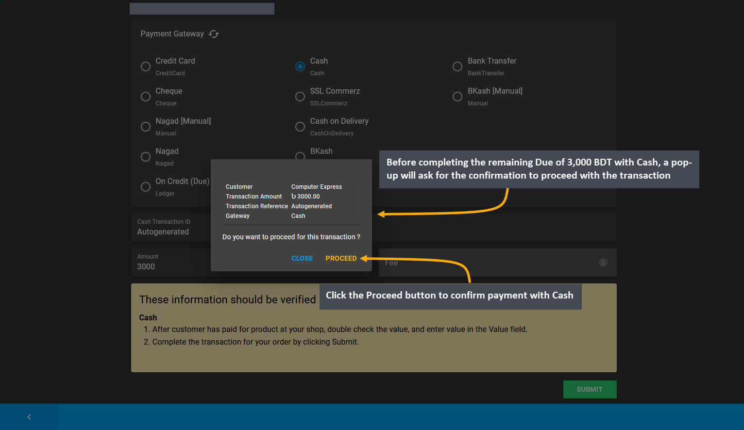 confirm full payment with cash, Before completing the remaining Due of 3,000 BDT with Cash, a pop-up will ask for the confirmation to proceed with the transaction, Click the Proceed button to confirm payment with Cash.
