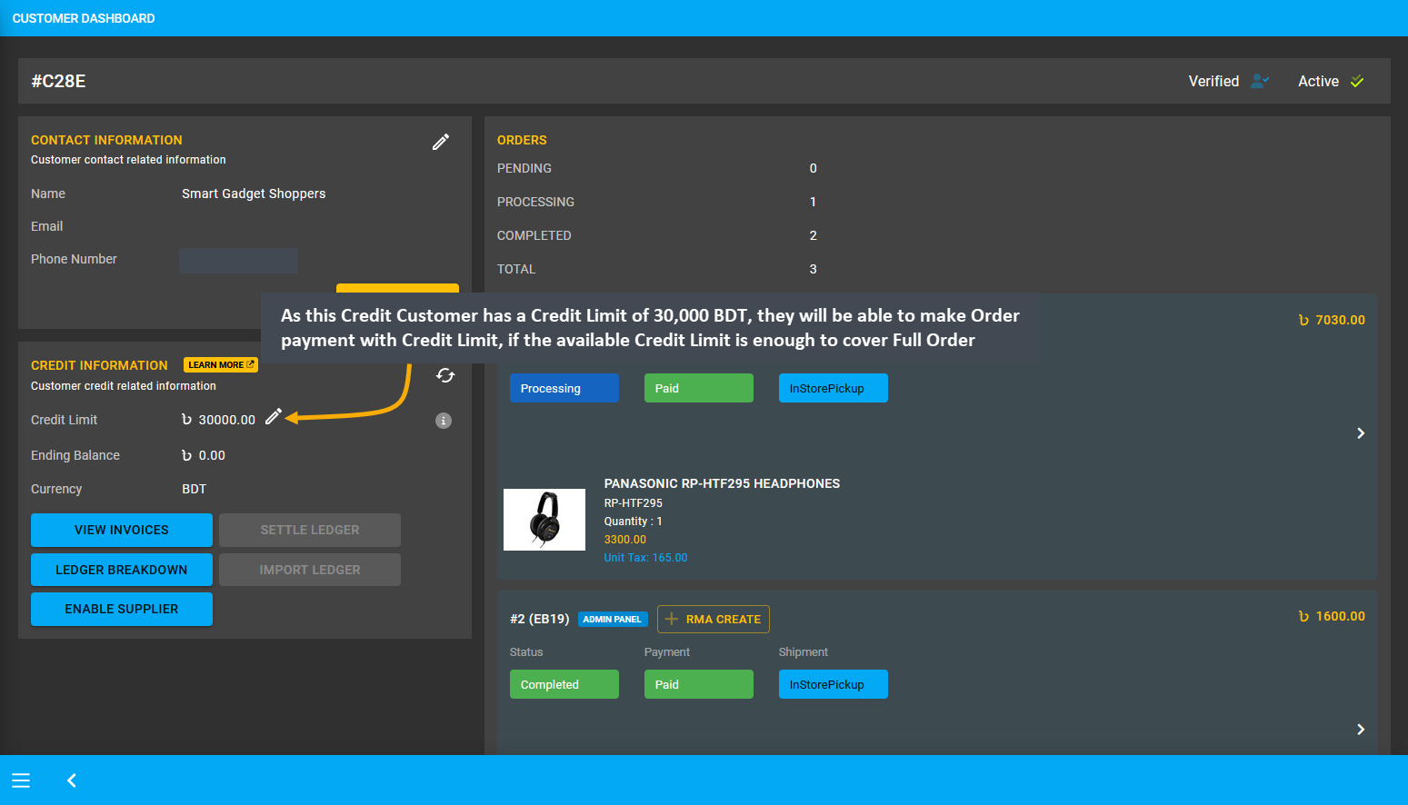 credit customer dashboard, As this Credit Customer has a Credit Limit of 30,000 BDT, they will be able to make Order payment with Credit Limit, if the available Credit Limit is enough to cover Full Order Payment.