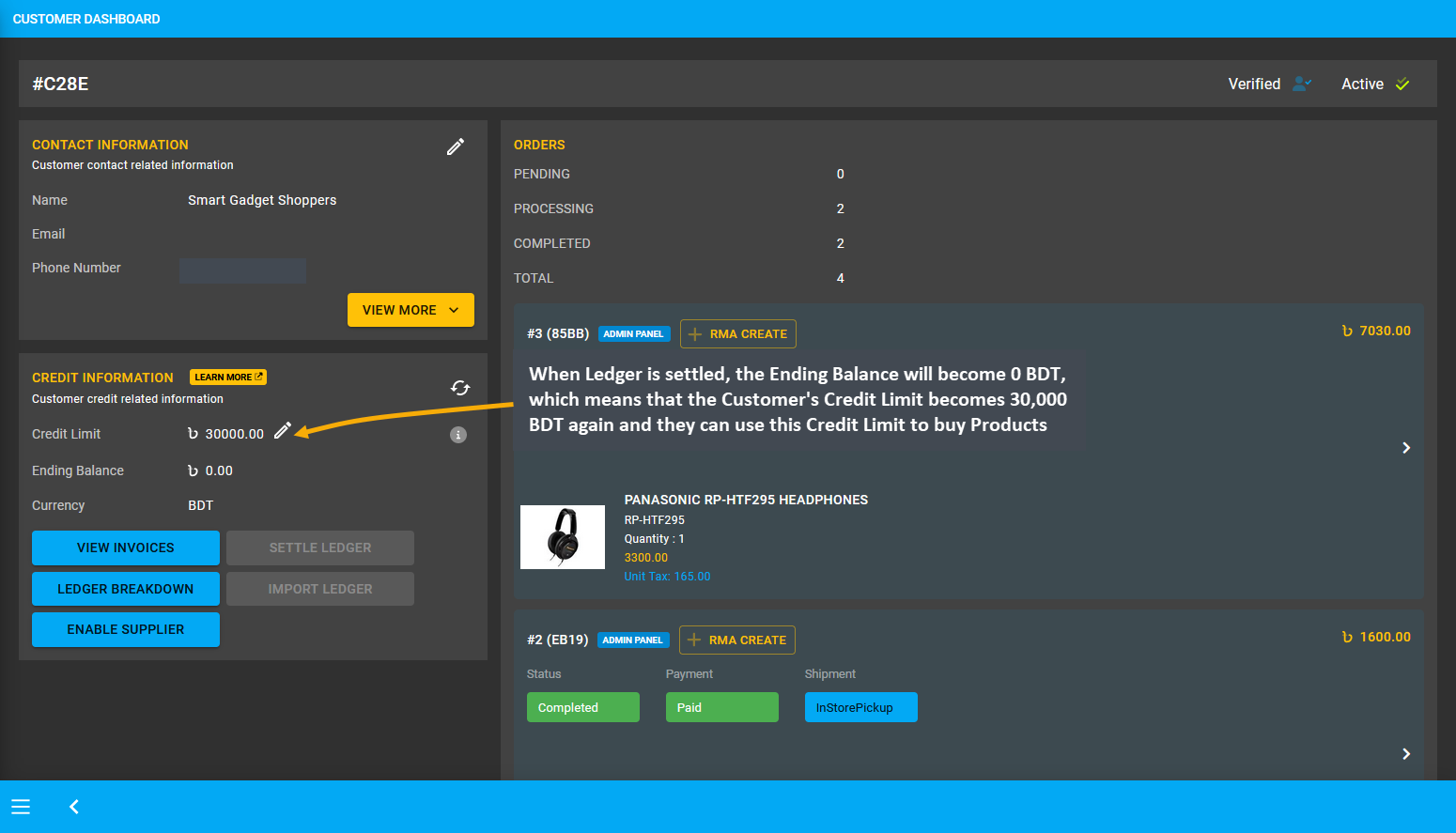 ending balance settled, When Ledger is settled, the Ending Balance will become 0 BDT, which means that the Customer’s Credit Limit becomes 30,000 BDT again and they can use this Credit Limit to buy Products.