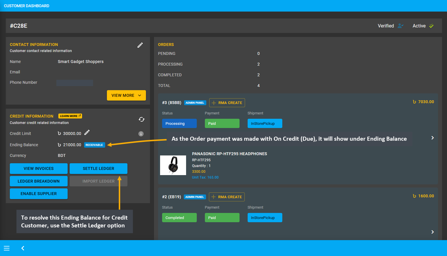 on credit due on dashboard, As the Order payment was made with On Credit (Due), it will show under Ending Balance, To resolve this Ending Balance for Credit Customer, use the Settle Ledger option.