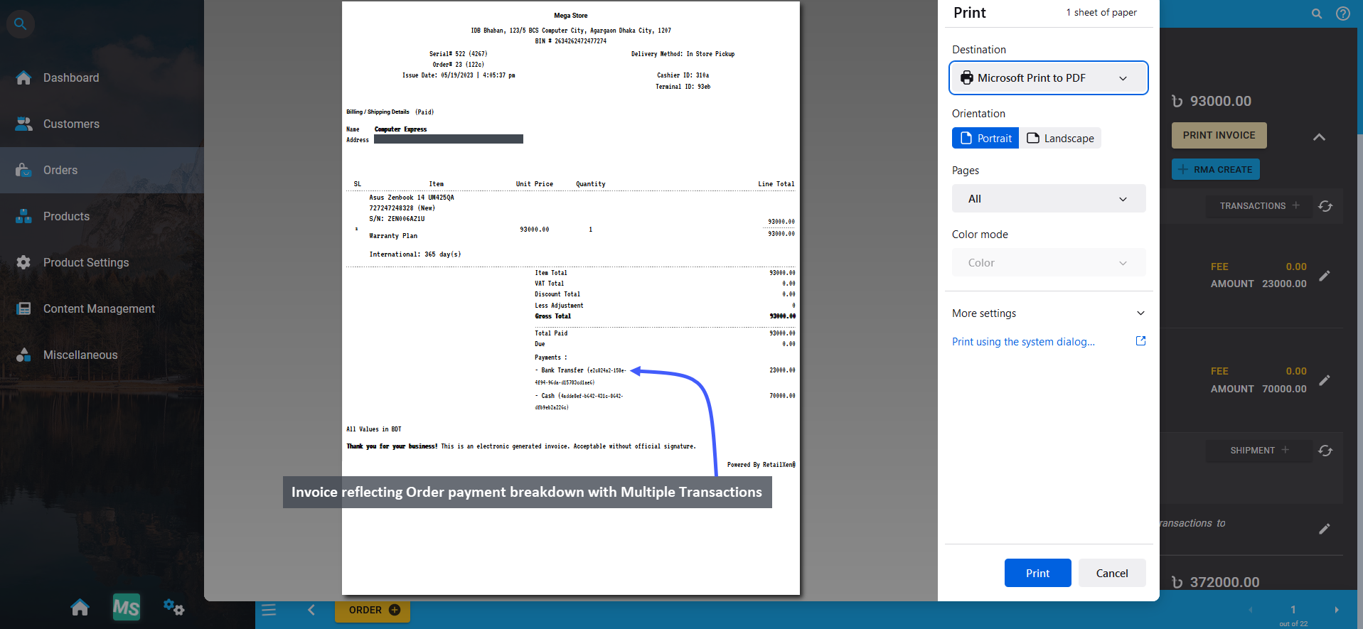 multiple transactions showing on invoice, Invoice reflecting Order payment breakdown with Multiple Transactions.