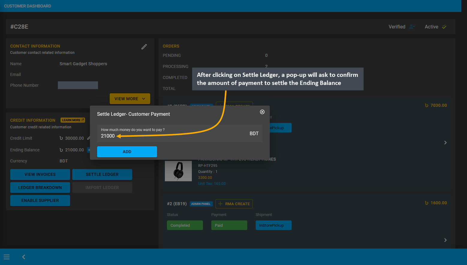 settle ledger on dashboard, After clicking on Settle Ledger, a pop-up will ask to confirm the amount of payment to settle the Ending Balance.