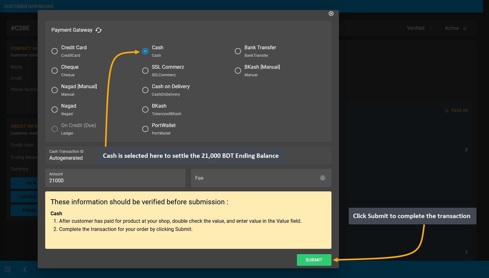 settle ledger with gateway, Cash is selected here to settle the 21,000 BDT Ending Balance, Click Submit to complete the transaction.