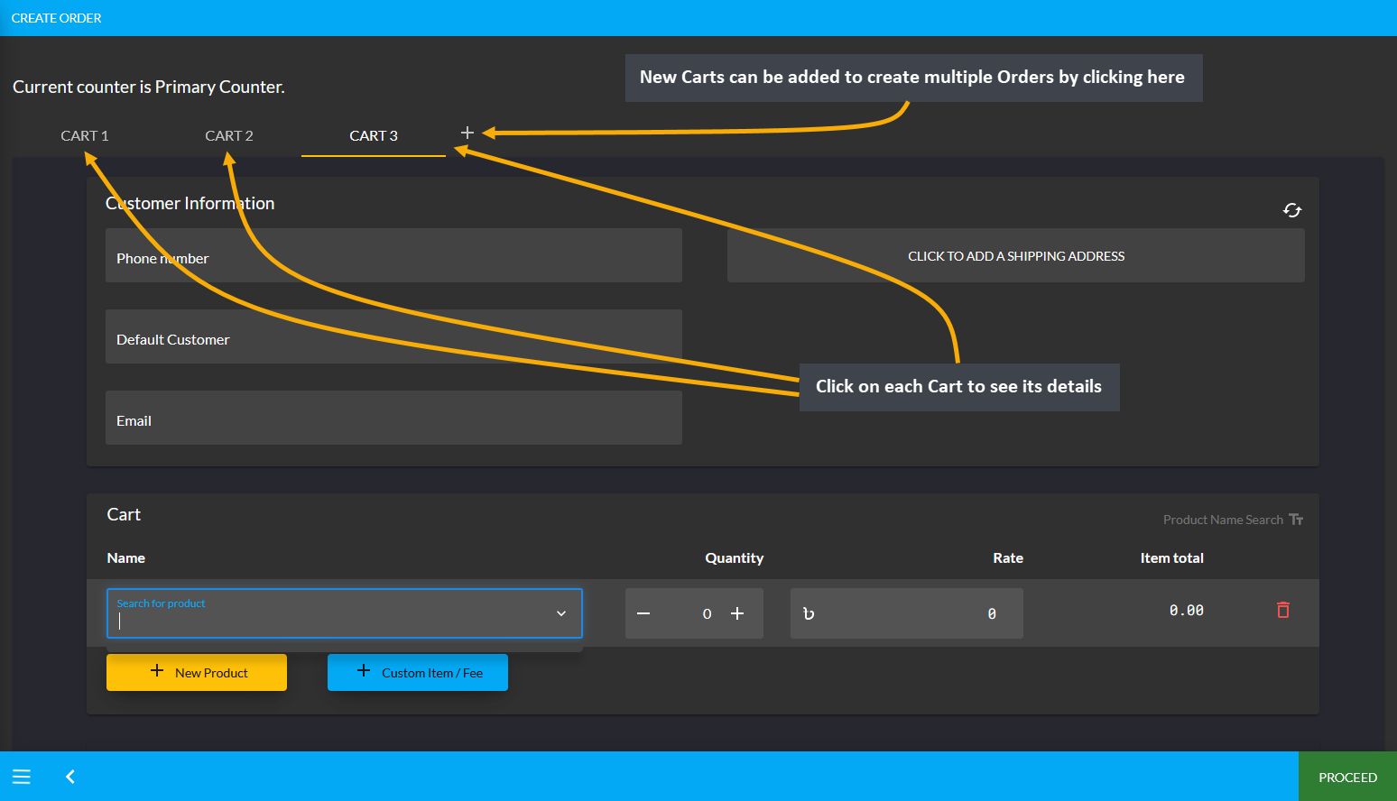 add cart to order, Click on each Cart to see its details, New Carts can be added to create multiple Orders by clicking here.