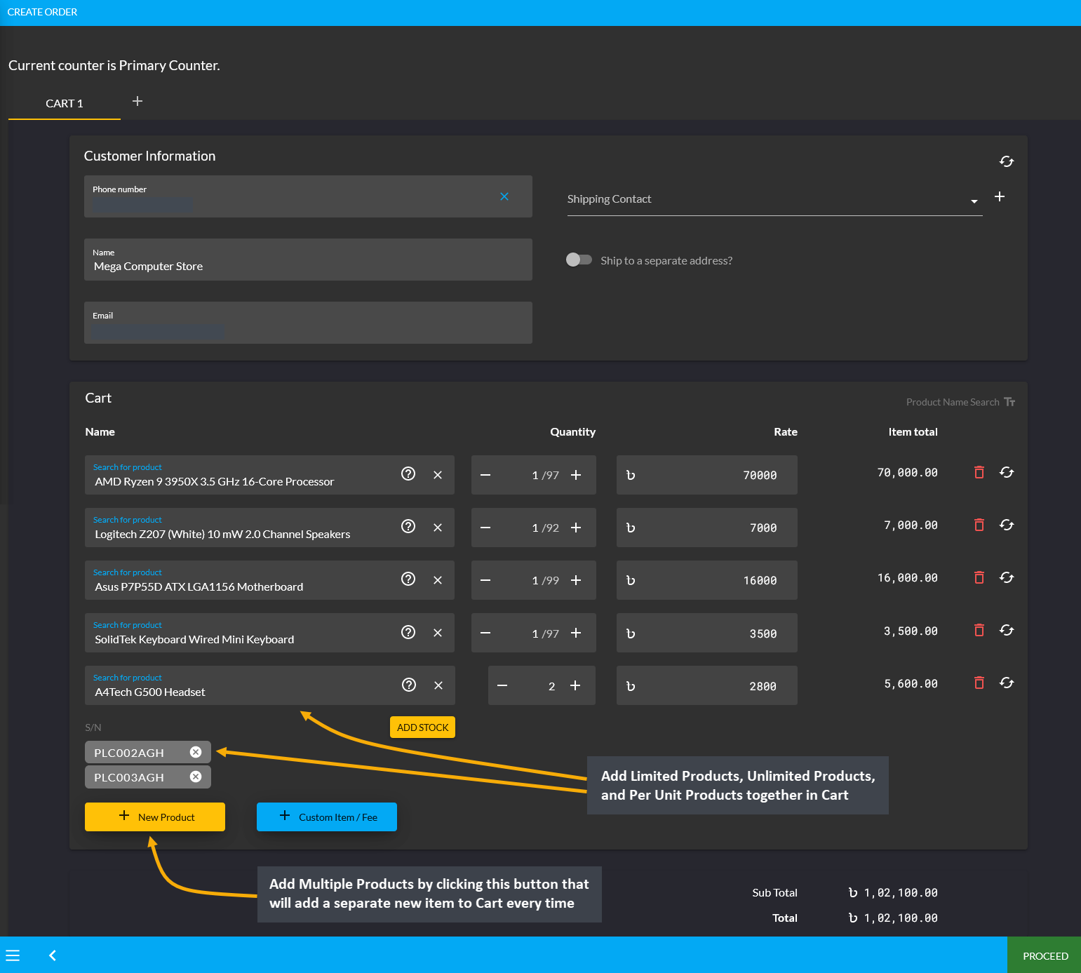 add multiple products, Add Multiple Products by clicking this button that will add a separate new item to Cart every time, Add Limited Products, Unlimited Products, and Per Unit Products together in Cart.