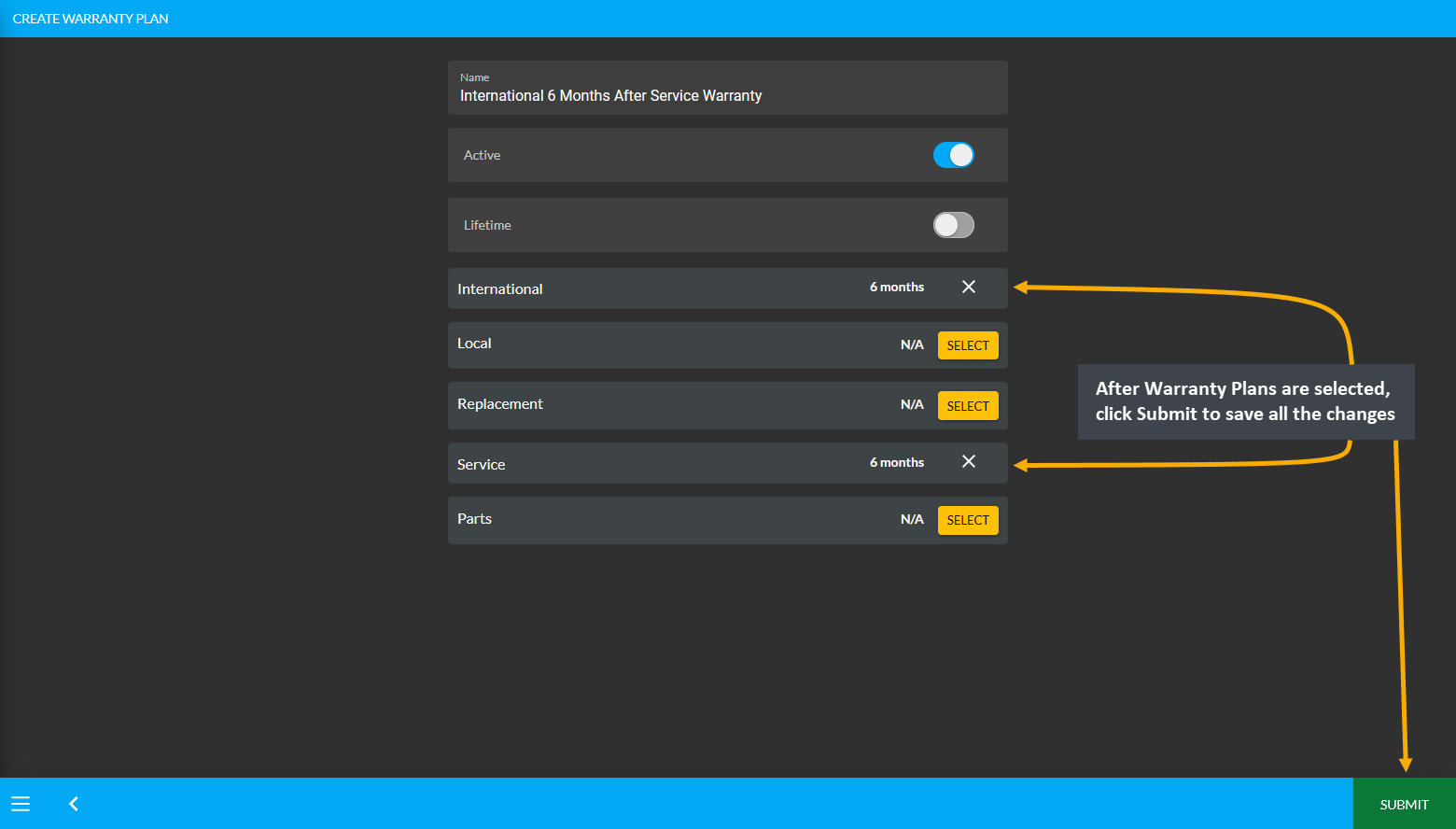 create manual warranty, After Warranty Plans are selected, click Submit to save all the changes.