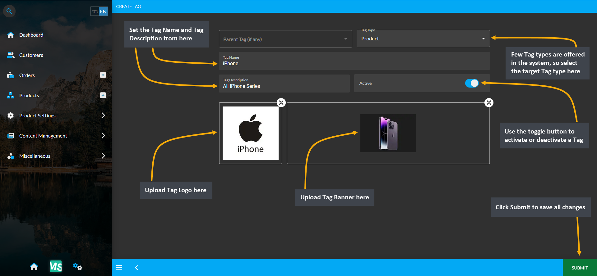 create parent tag, Set the Tag Name and Tag Description from here, Upload Tag Logo here, Upload Tag Banner here, Few Tag types are offered in the system, so select the target Tag type here, Use the toggle button to activate or deactivate a Tag, Click Submit to save all changes.