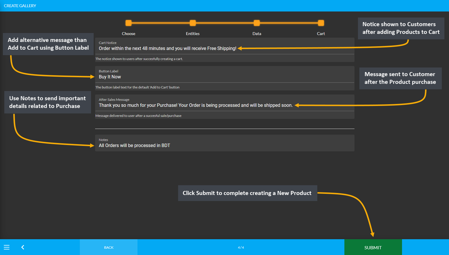 create product cart, Notice shown to Customers after adding Products to Cart, Add alternative message than Add to Cart using Button Label, Message sent to Customer after the Product purchase, Use Notes to send important details related to Purchase, Click Submit to complete creating a New Product.