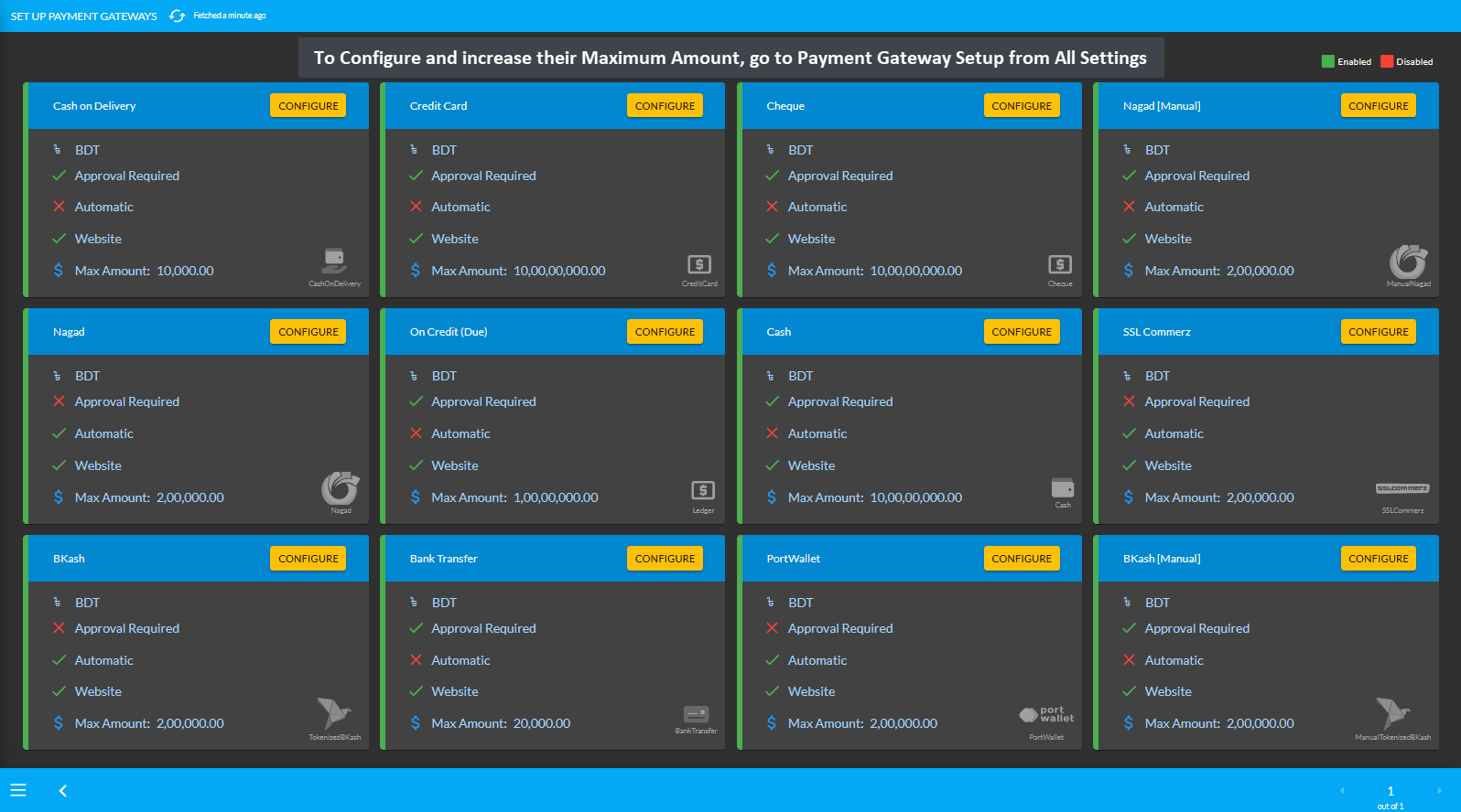 To Configure and increase their Maximum Amount, go to Payment Gateway Setup from All Settings.