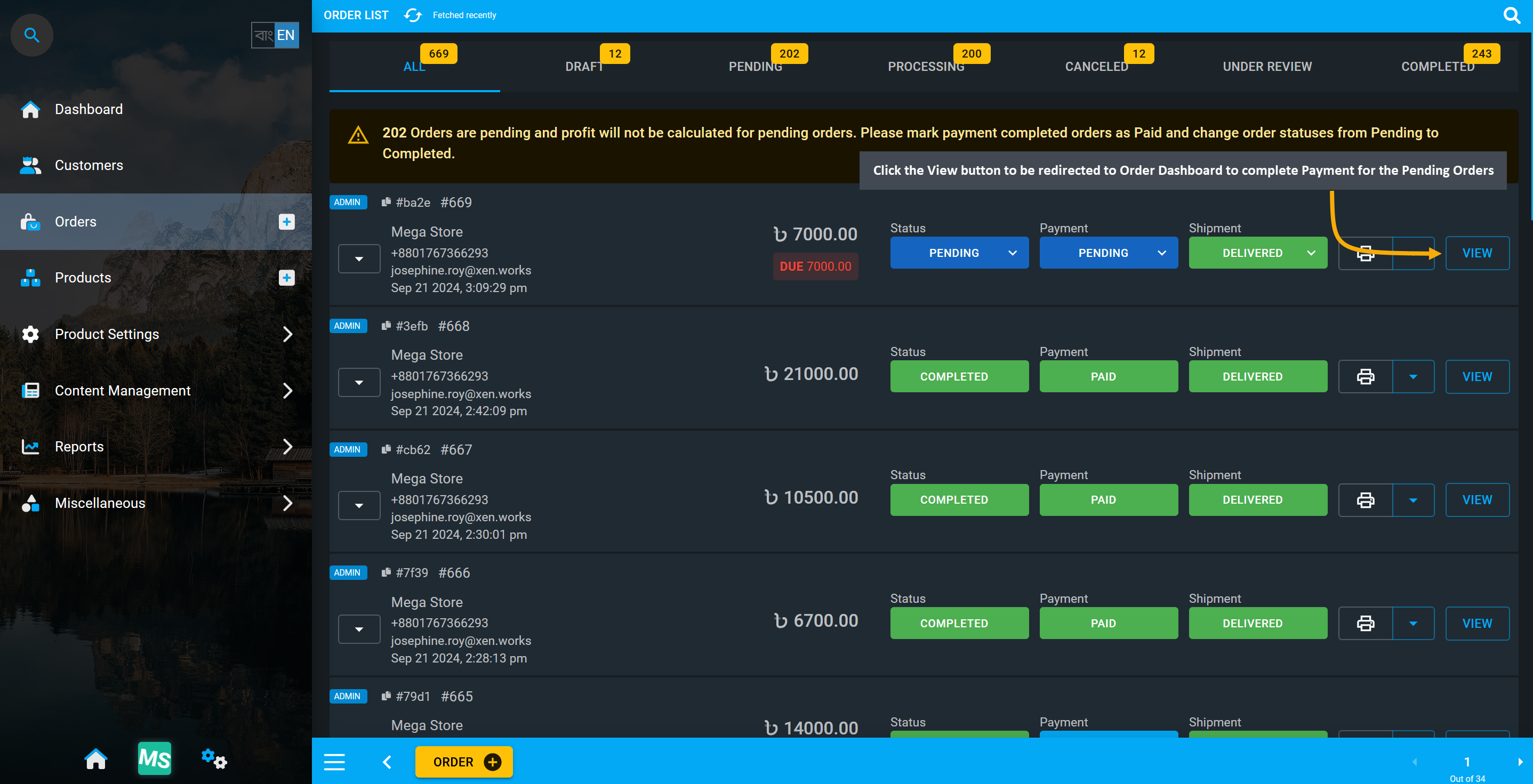 add transaction pending orders, Click on the down arrow V on each Order to open Order details, and click Add Transaction to complete Payment for the Pending Orders.