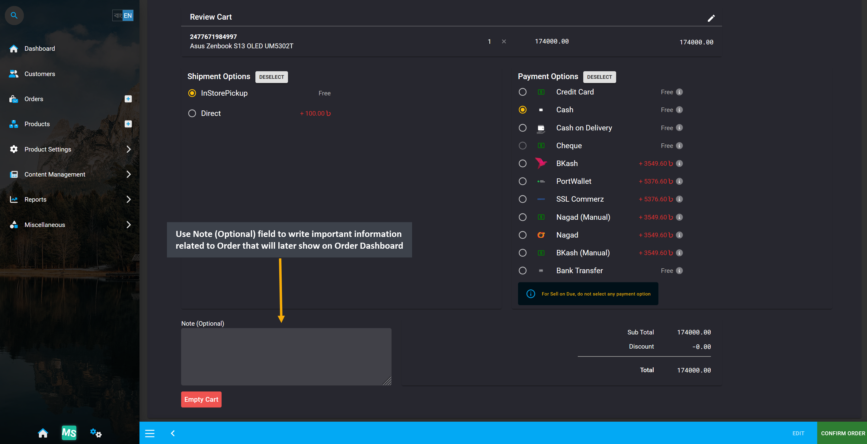 order note on cart, Use the Note (Optional) field to write important information related to Order that will later show on Order Dashboard.