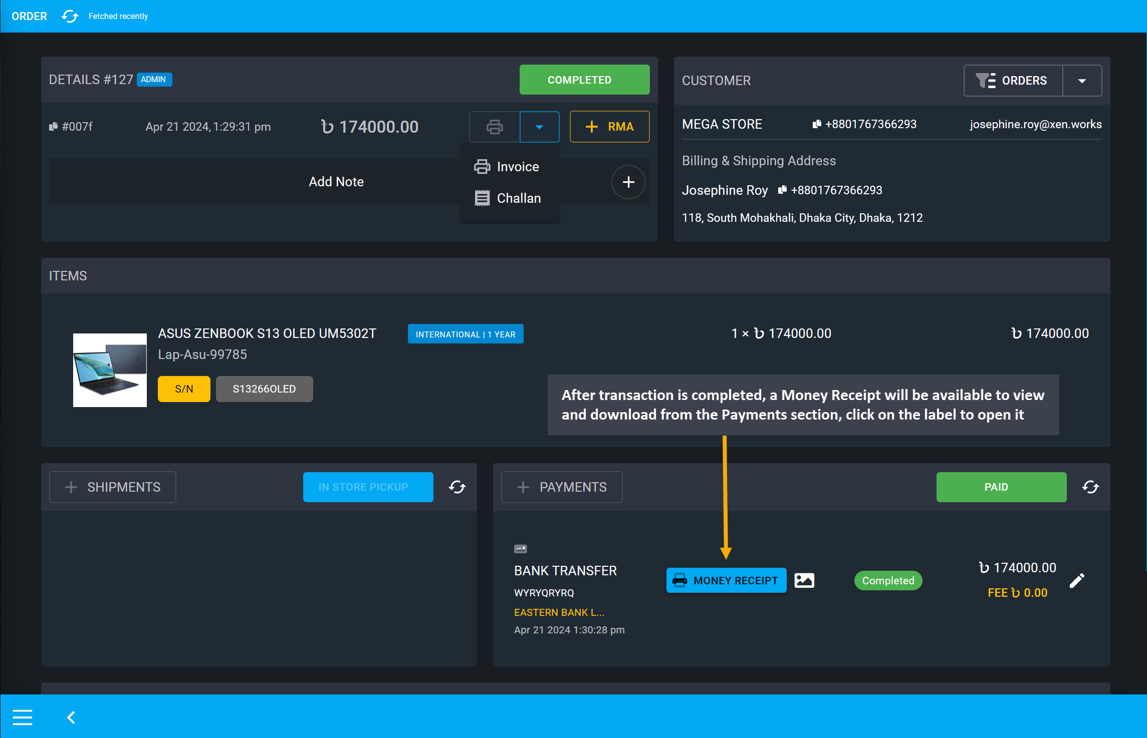 check money receipt, After transaction is completed, a Money Receipt will be available to view and download from the Payments section, click on the label to open it.
