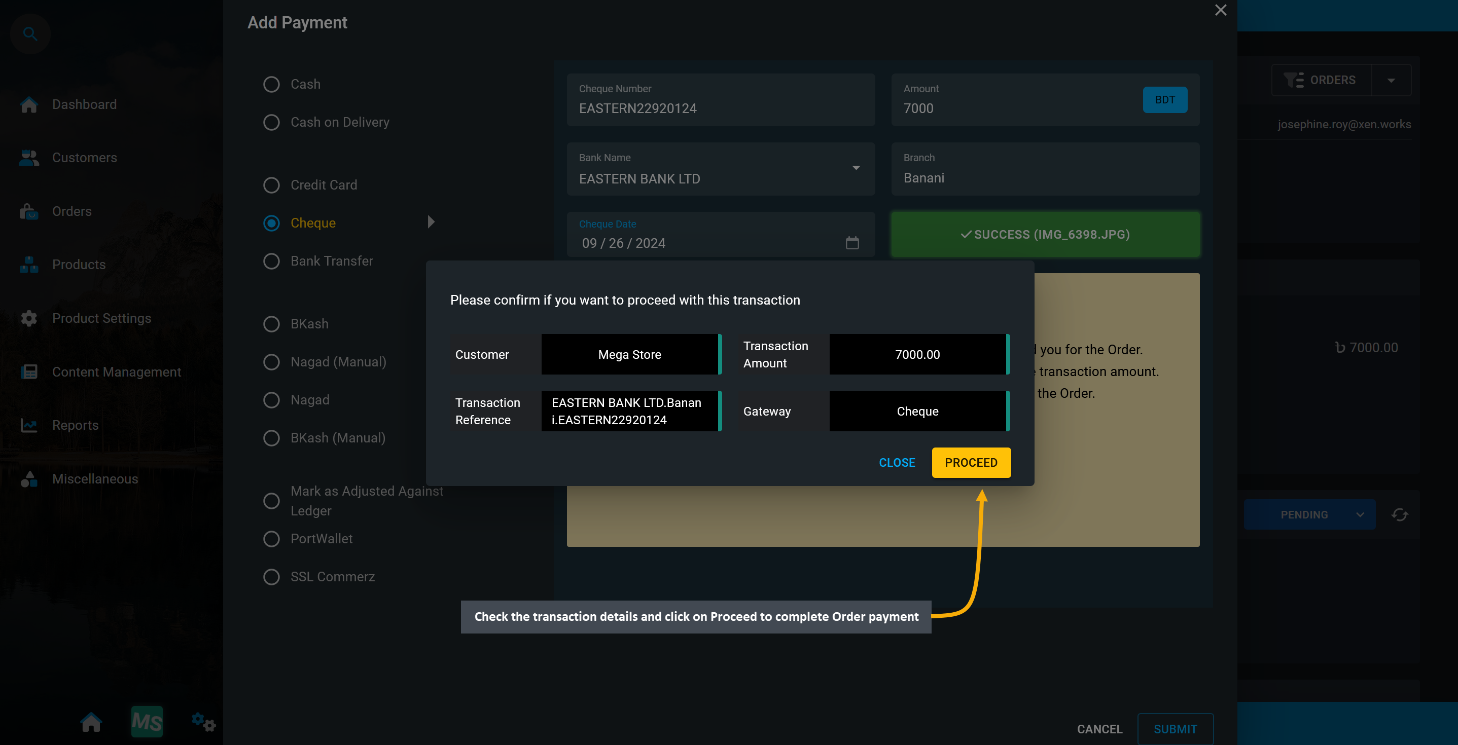 proceed to complete payment, Check the transaction details and click on Proceed to complete Order payment.