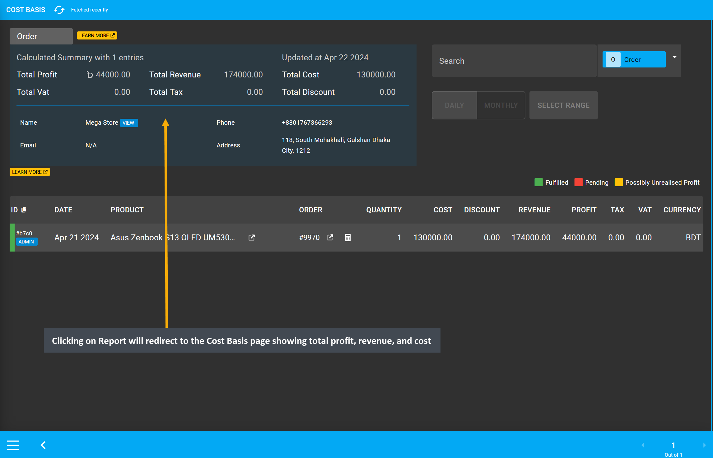 cost basis redirect, Clicking on Report will redirect to the Cost Basis page showing total profit, revenue, and cost.