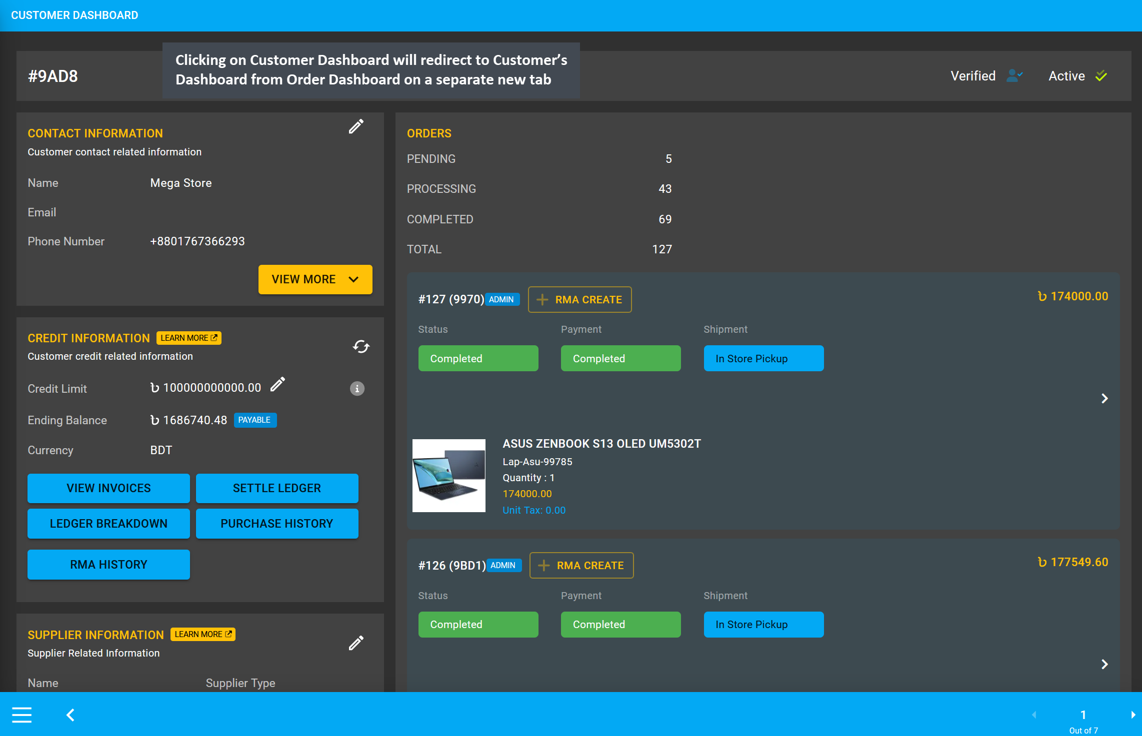 customer dashboard redirect, Clicking on Customer Dashboard will redirect to the Customer’s Dashboard from Order Dashboard on a separate new tab.