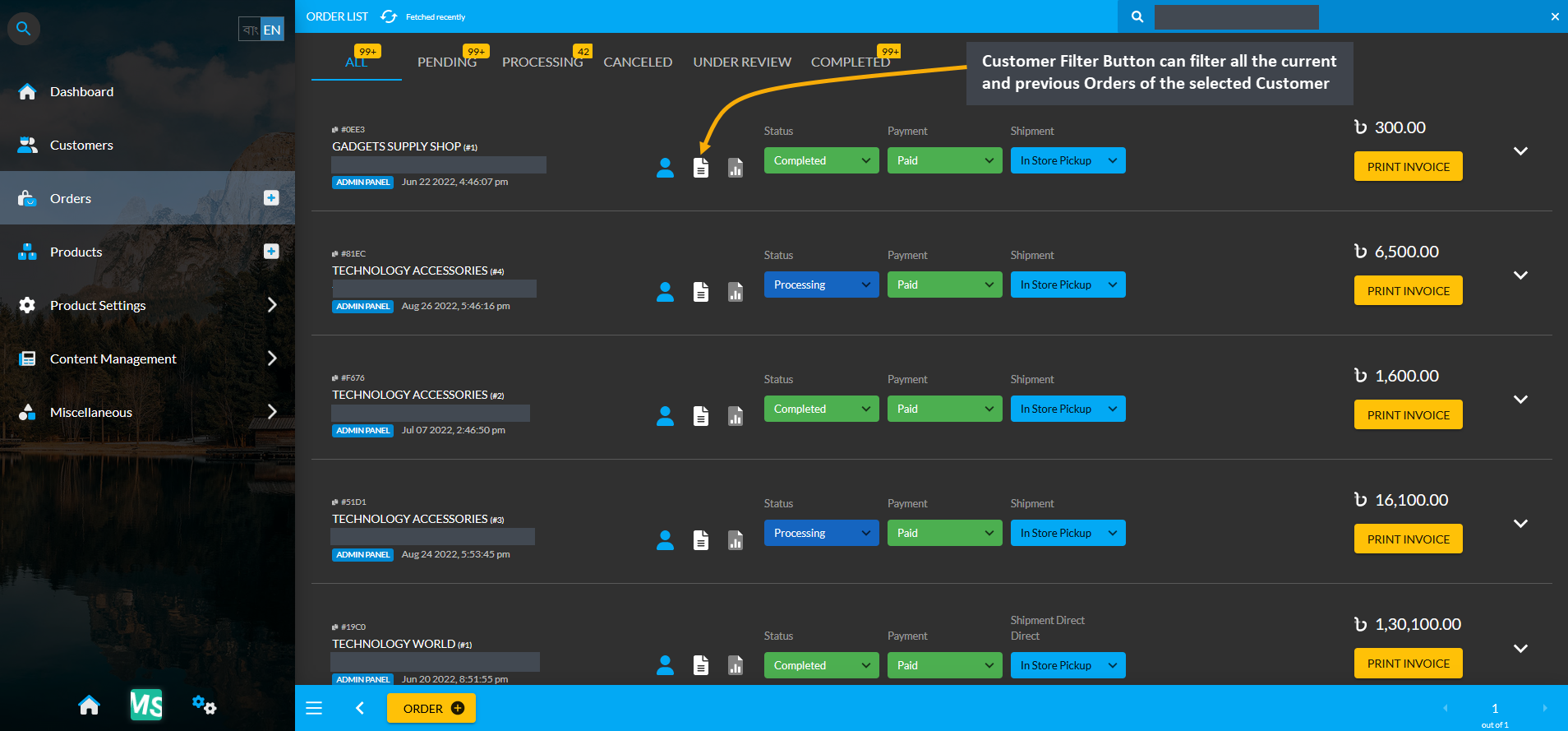 customer dashboard buttons, Customer Filter Button can filter all the current and previous Orders of the selected Customer.