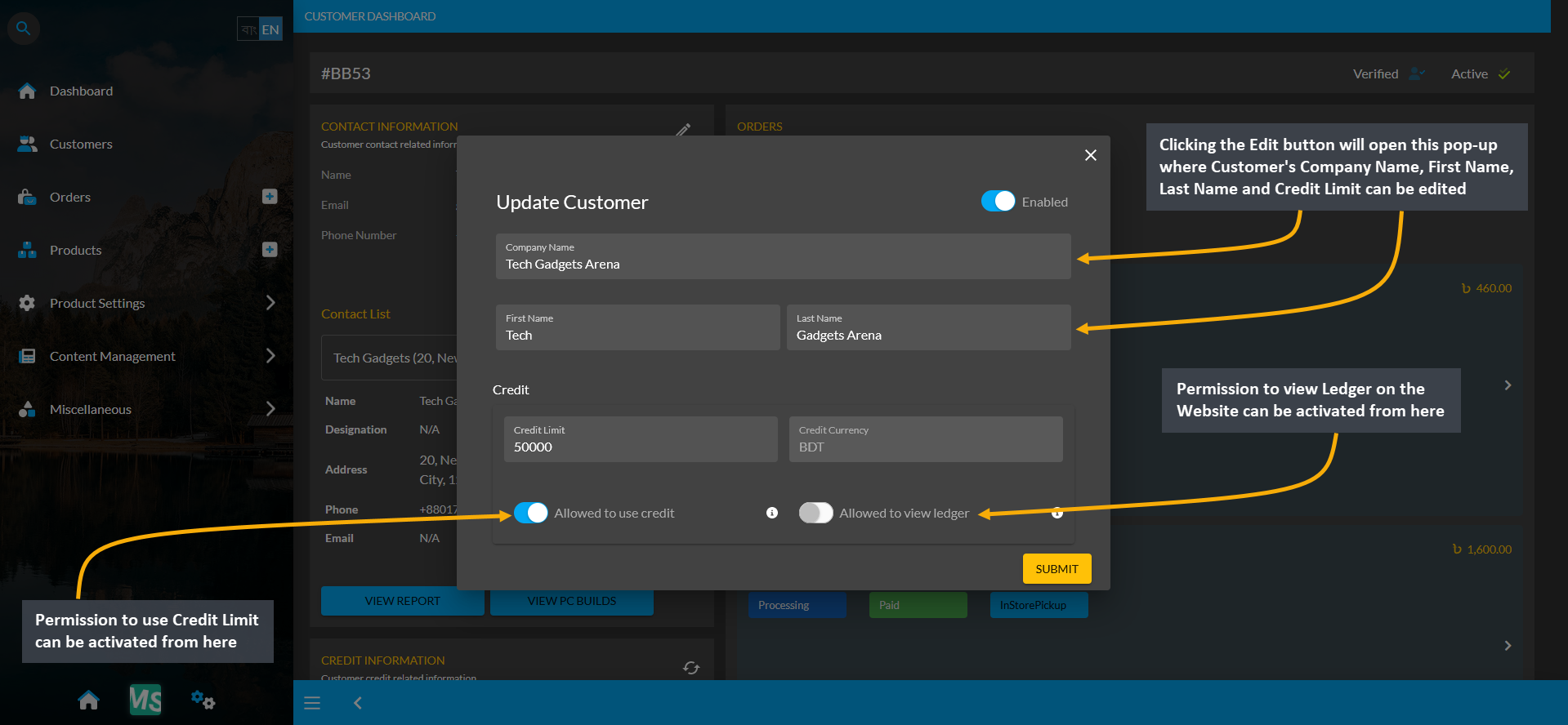 customer update, Clicking the Edit button will open this pop-up where Customer’s Company Name, First Name, Last Name and Credit Limit can be edited, Permission to use Credit Limit can be activated from here, Permission to view Ledger on the Website can be activated from here.