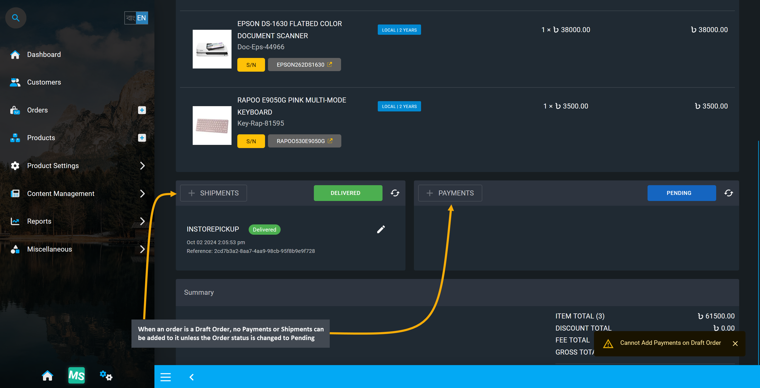 draft order blocking payment and shipment, When an order is a Draft Order, no Payments or Shipments can be added to it unless the Order status is changed to Pending.