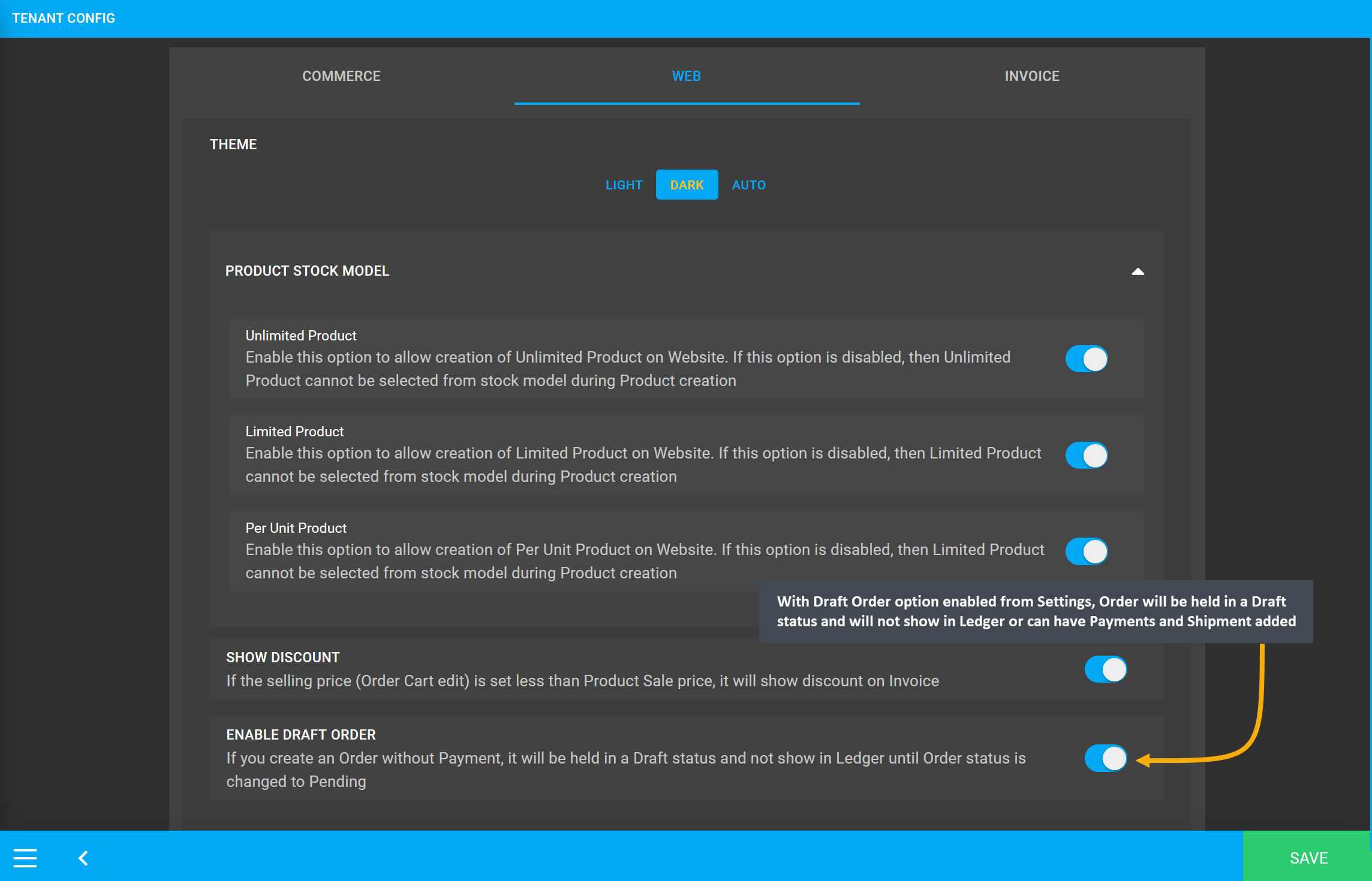 enable draft order, With Enable Draft Order option enabled from Settings, Order will be held in a Draft status and will not show in Ledger or can have Payments and Shipment added.