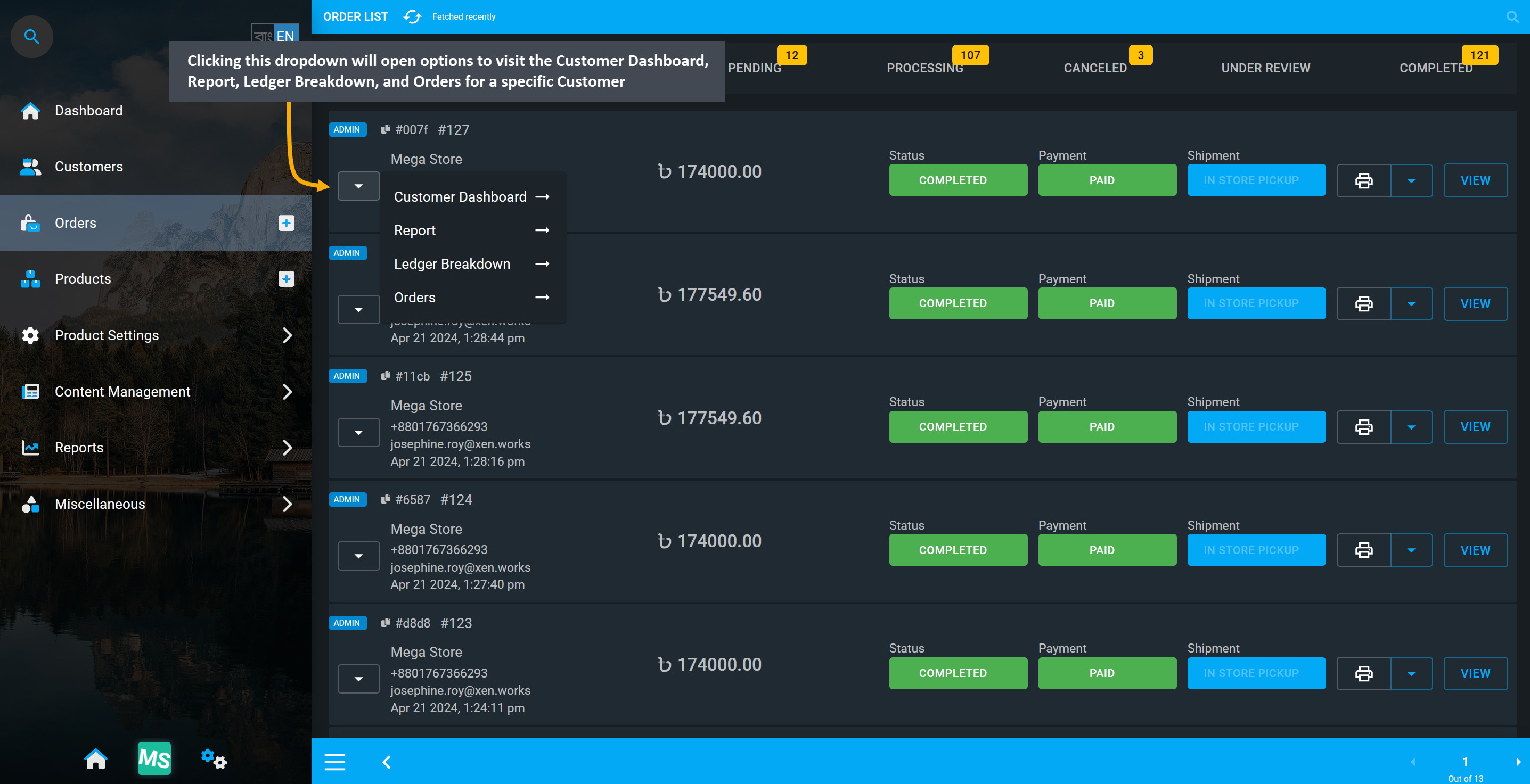 order main page dropdown, Clicking this dropdown will open options to visit the Customer Dashboard, Report, Ledger Breakdown, and Orders for a specific Customer.