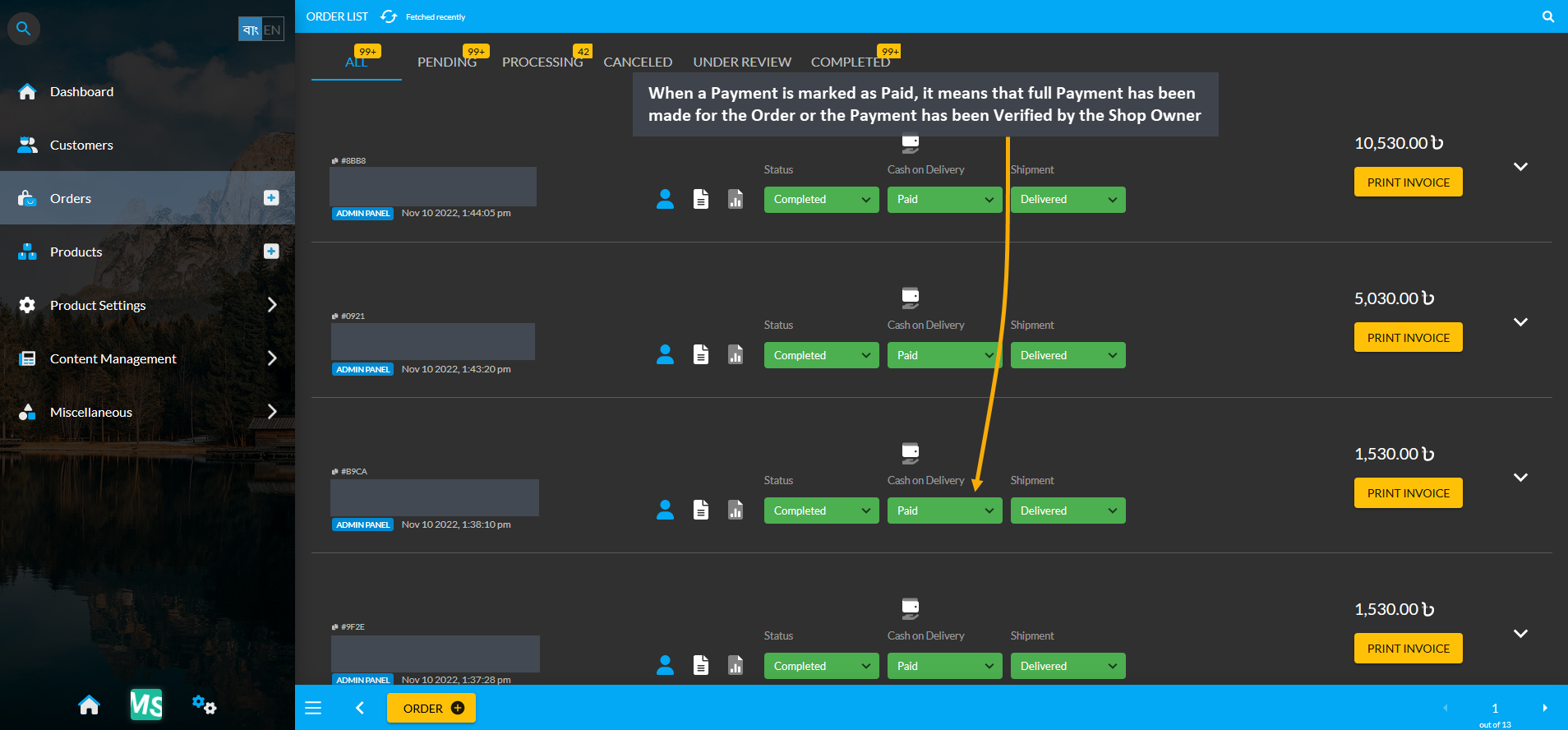 payment status paid, Select from four different statuses for Payment to update such as Pending, Partially Paid, Free, and Paid based on what action needs to be taken for the transaction status.