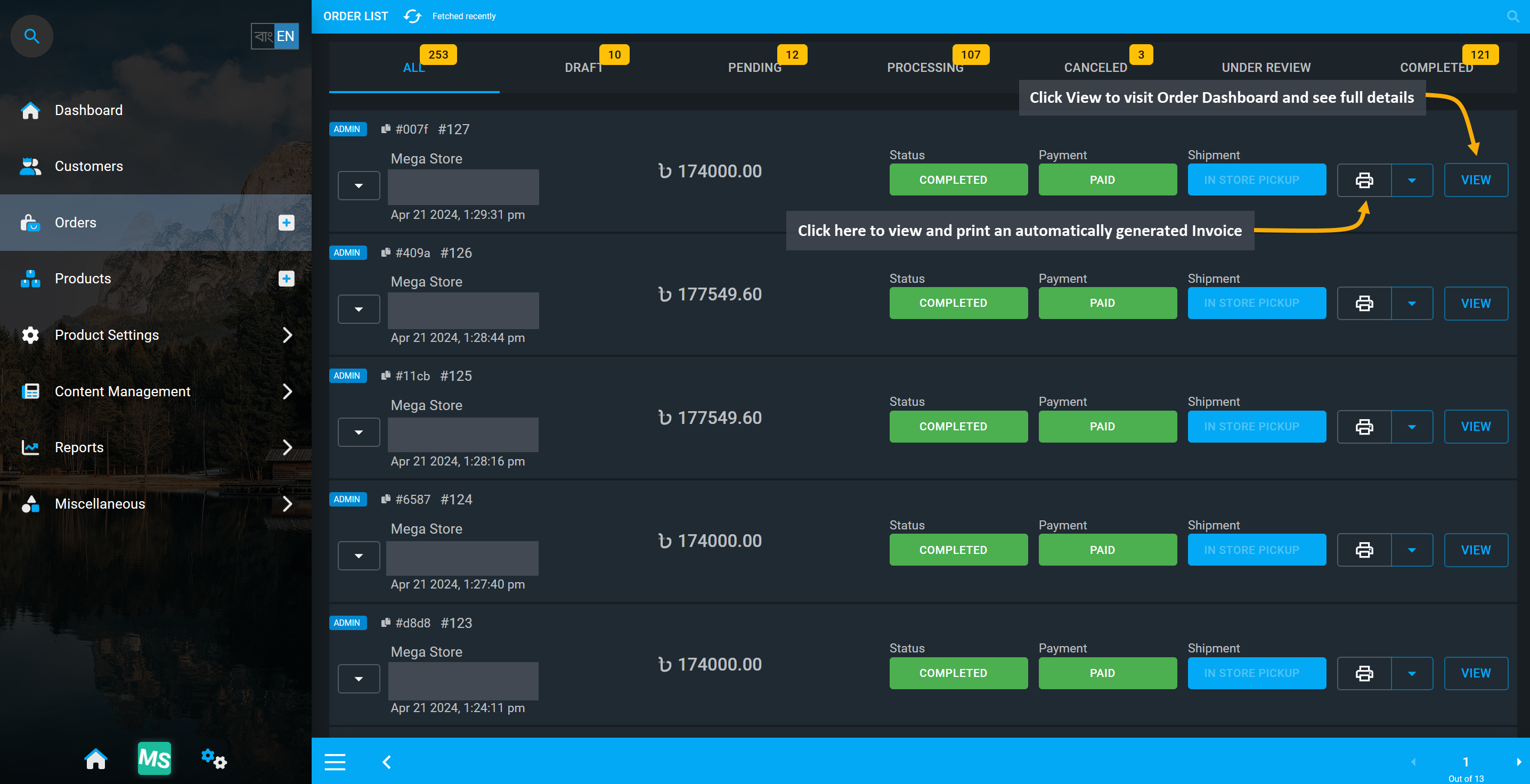 order list page, Click View to visit Order Dashboard and see full details, Click here to view and print an automatically generated Invoice.