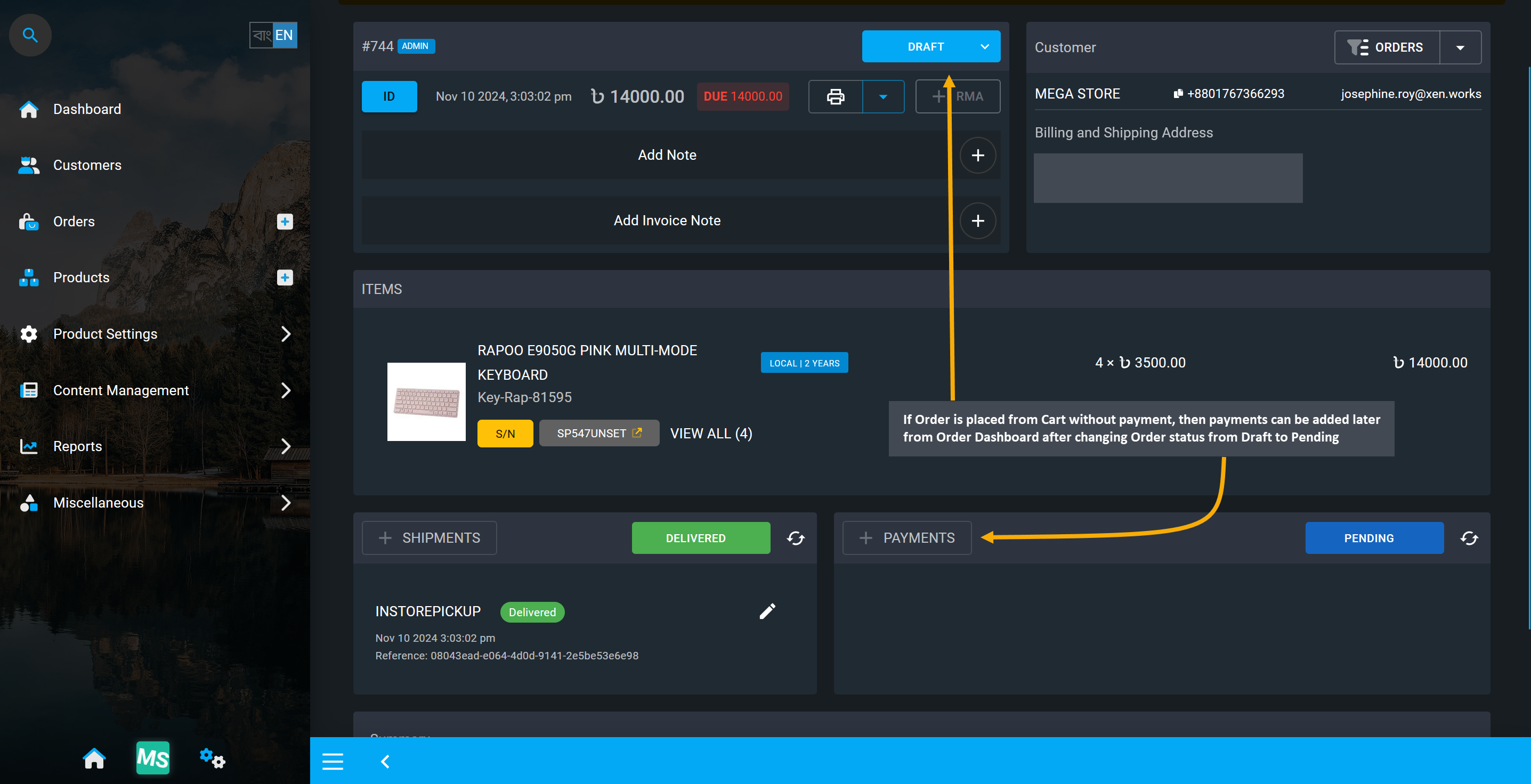 unpaid order, If Order is placed from Cart without payment, then payments can be added later from Order Dashboard after changing Order status from Draft to Pending.