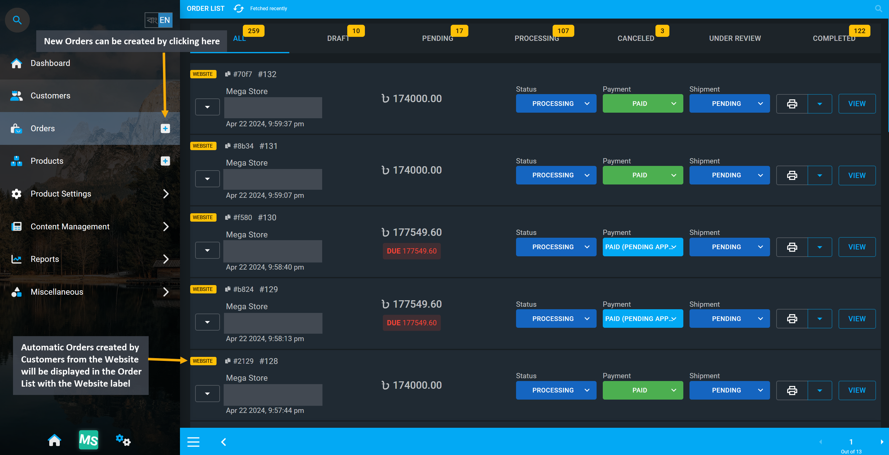 order status page, Automatic Orders created by Customers from the Website will be displayed in the Order List with the Website label, New Orders can be created by clicking here.