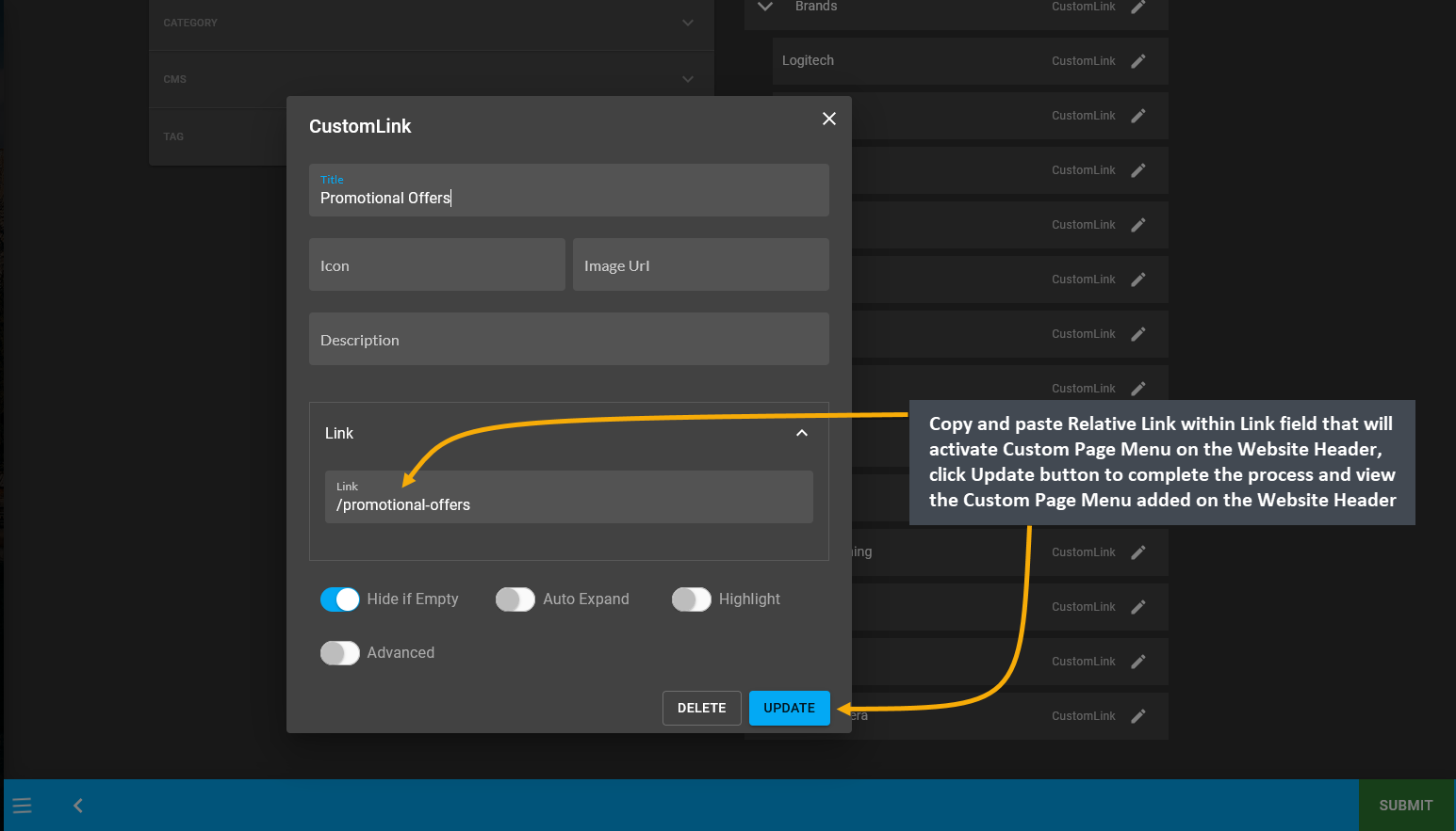 add link on custom page menu, Copy and paste Relative Link within Link field that will activate Custom Page Menu on the Website Header, click Update button to complete the process and view the Custom Page Menu added on the Website Header.