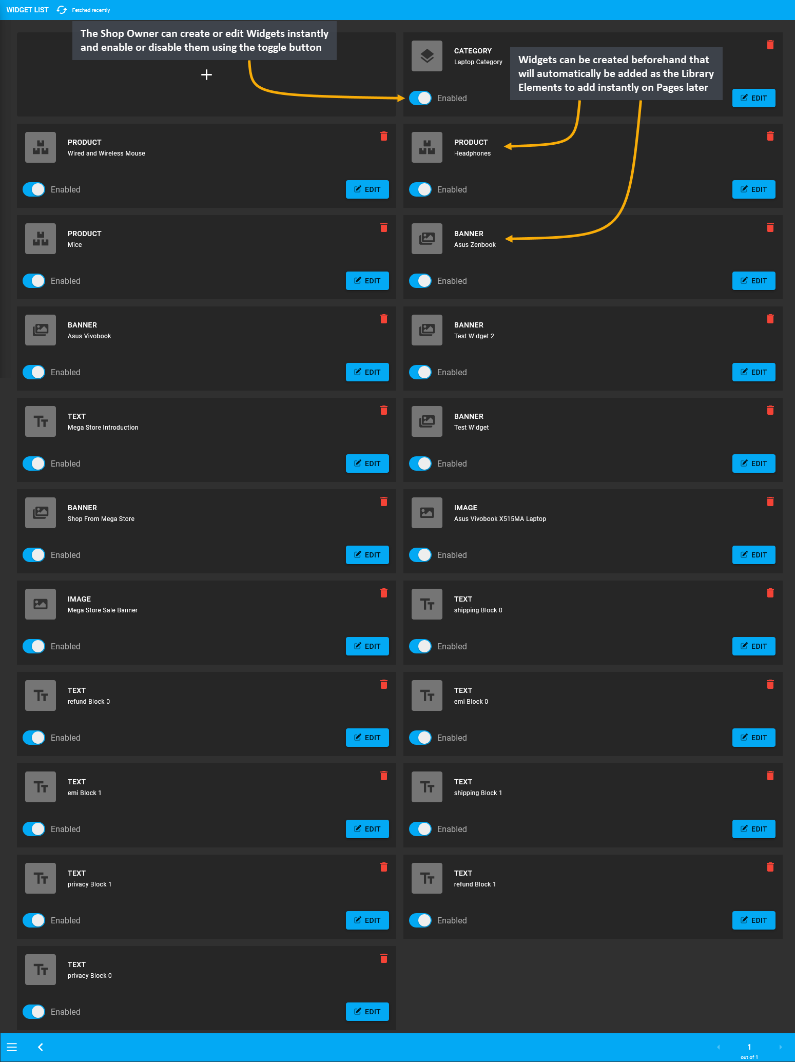 all widgets view, Widgets can be created beforehand that will automatically be added as the Library Elements to add instantly on Pages later, The Shop Owner can create or edit Widgets instantly and enable or disable them using the toggle button.