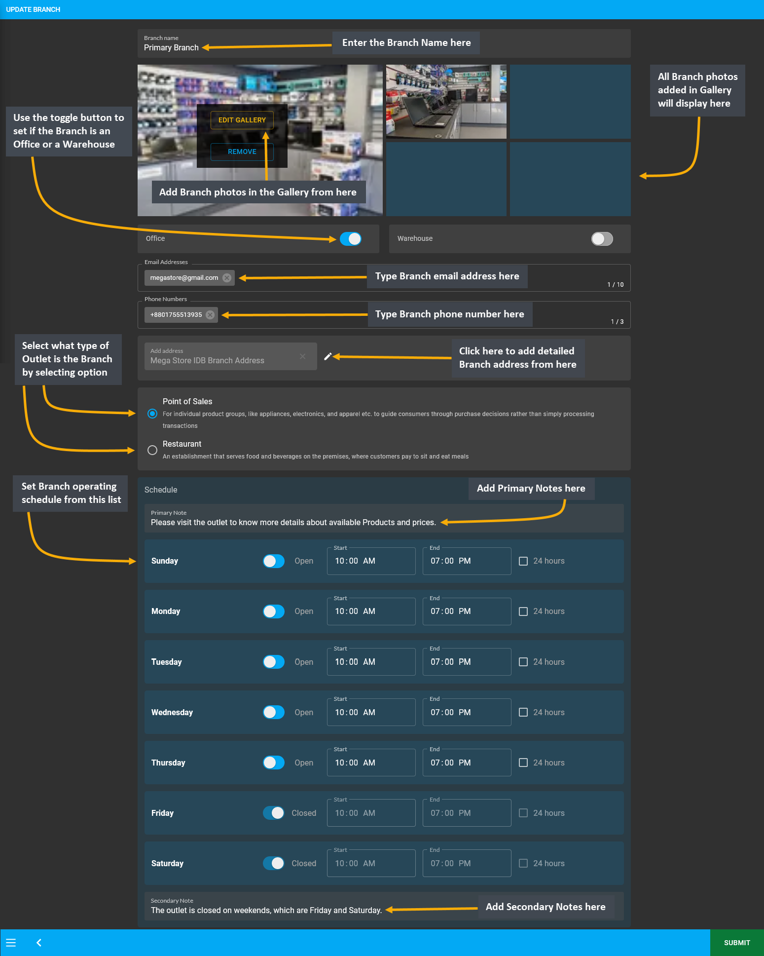 branch edit page, When the Shop Owner is redirected to Branch page when they are already logged in as Admin, they can use the Edit option to enter each Branch and add the Address, Contact information, Opening Hours, and Branch Images.