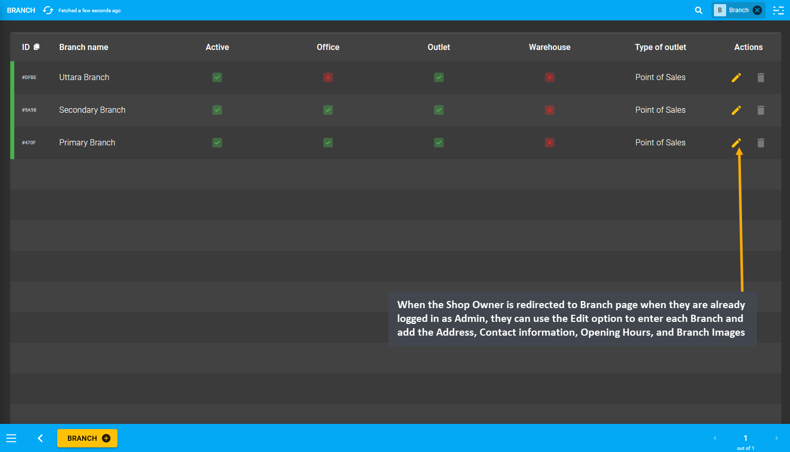 branch list edit page, When the Shop Owner is redirected to Branch page when they are already logged in as Admin, they can use the Edit option to enter each Branch and add the Address, Contact information, Opening Hours, and Branch Images.