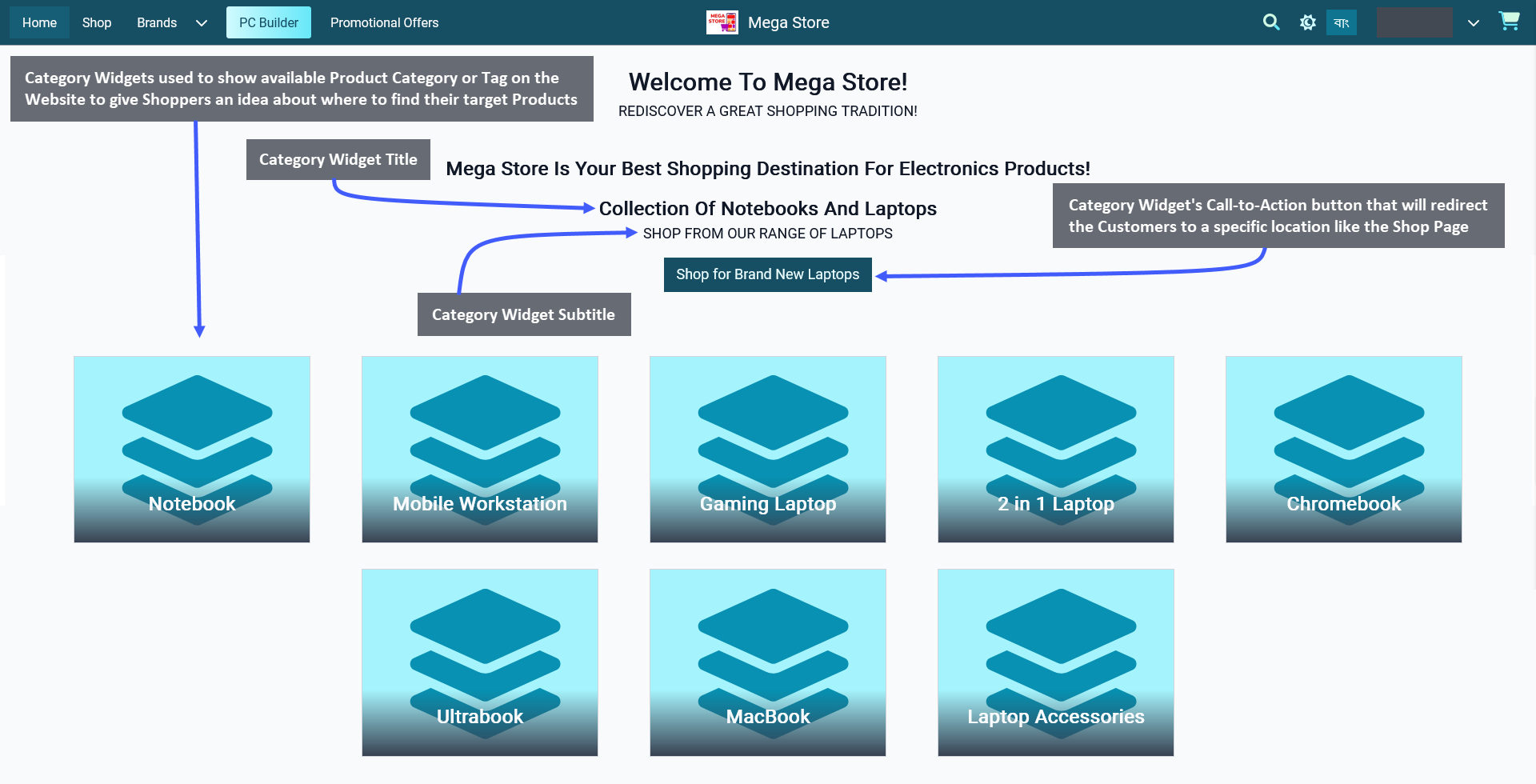 category widget, Category Widget Title, Category Widget Subtitle, Category Widgets used to show available Product Category or Tag on the Website to give Shoppers an idea about where to find their target Products, Category Widget’s Call-to-Action button that will redirect the Customers to a specific location like the Shop Page.