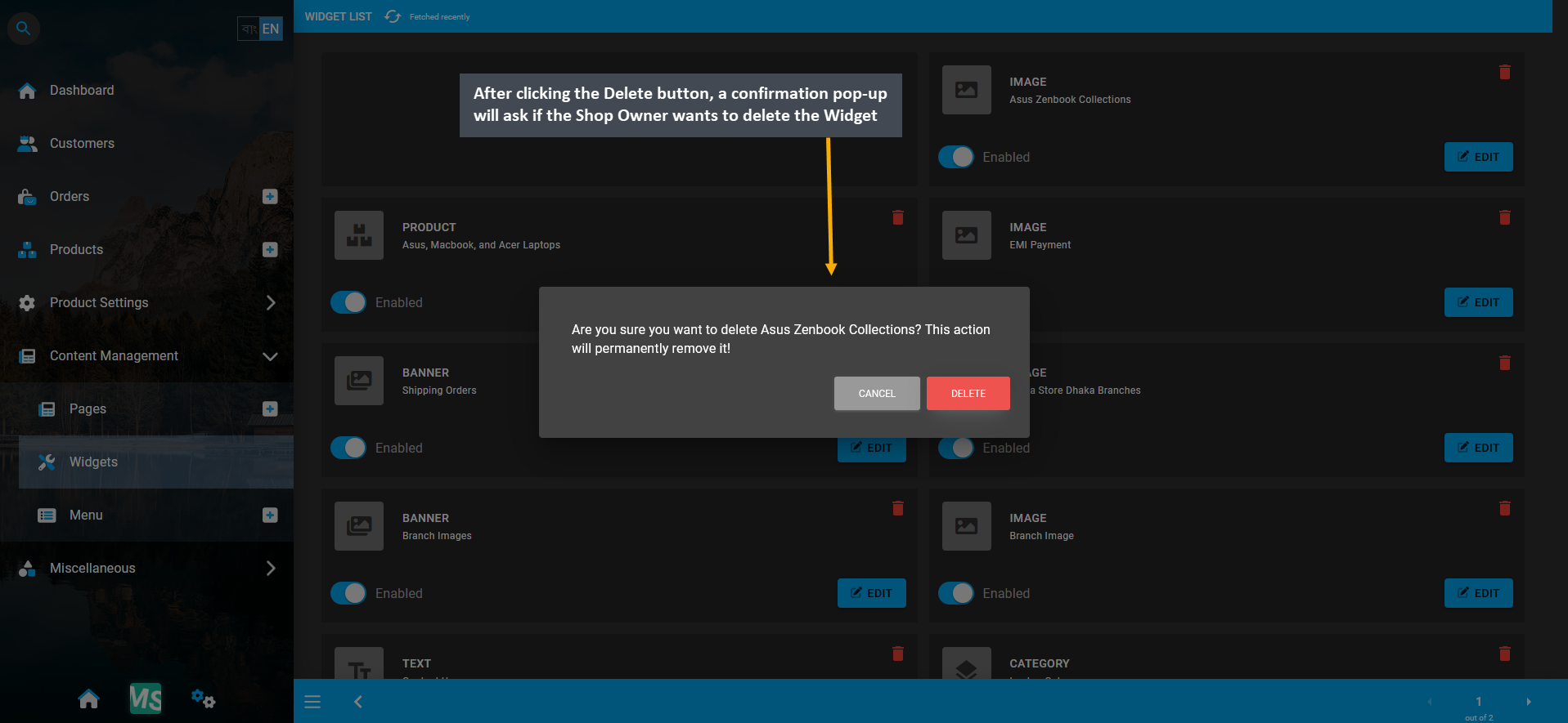 confirmation to delete widget from list, After clicking the Delete button, a confirmation pop-up will ask if the Shop Owner wants to delete the Widget.