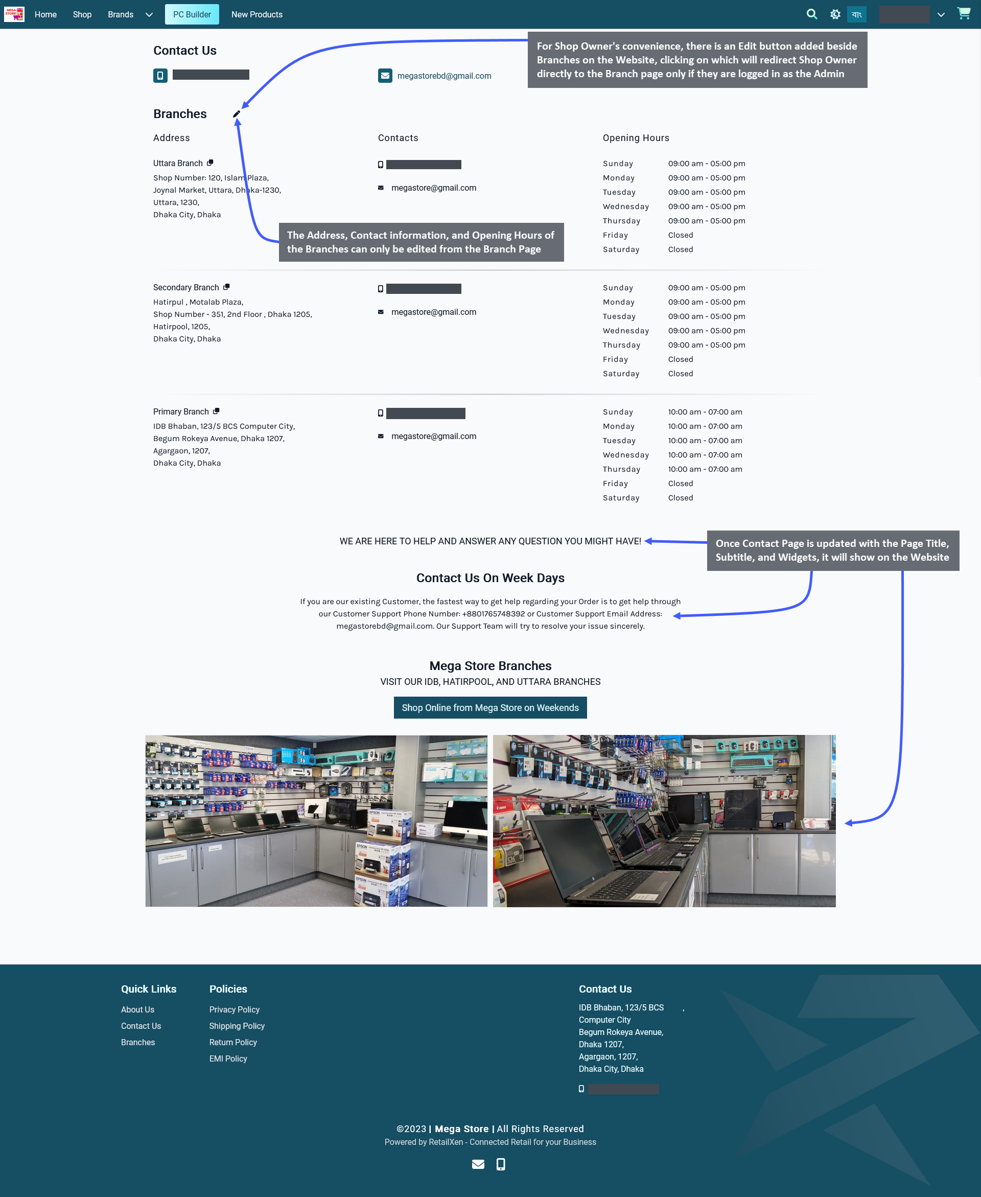 contact page on website, Once Contact Page is updated with the Page Title, Subtitle, and Widgets, it will show on the Website, The Address, Contact information, and Opening Hours of the Branches can only be edited from the Branch Page, For Shop Owner’s convenience, there is an Edit button added beside Branches on the Website, clicking on which will redirect Shop Owner directly to the Branch page only if they are logged in as the Admin.