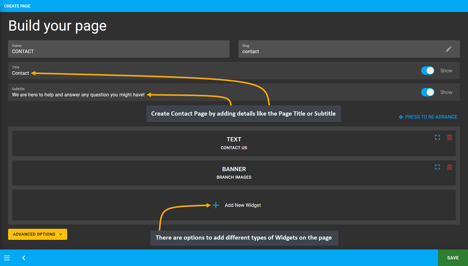 contact page setup, Create Contact Page by adding details like the Page Title or Subtitle, There are options to add different types of Widgets on the page.