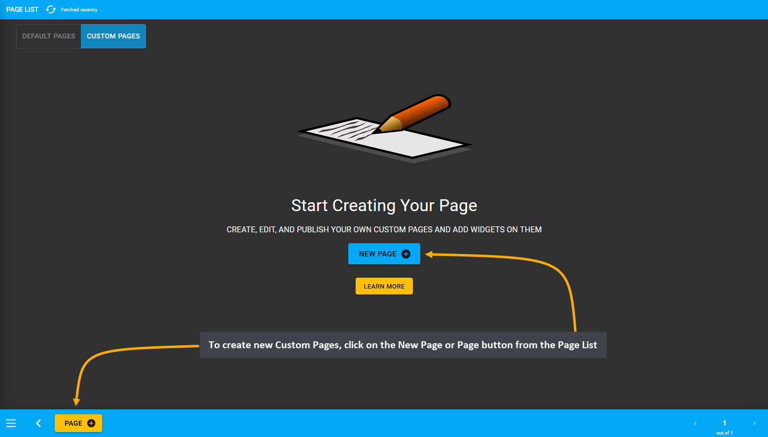 create custom pages, To create new Custom Pages, click on the New Page or Page button from the Page List.