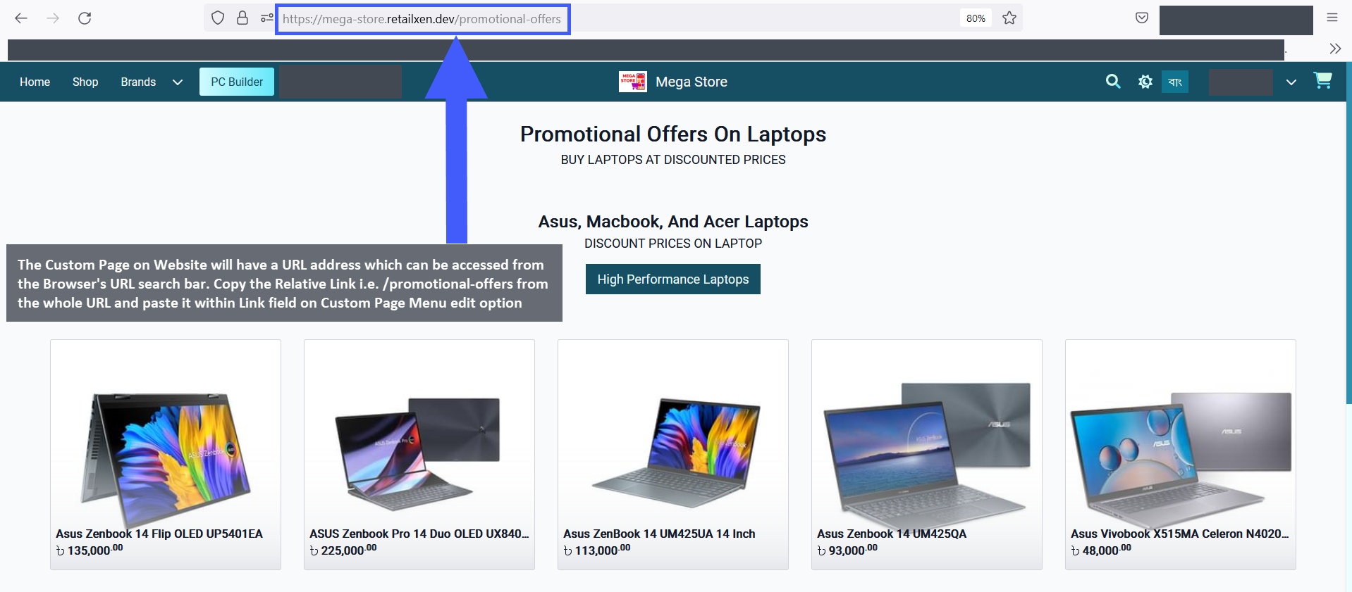 copy relative link from custom page URL, The Custom Page on Website will have a URL address which can be accessed from the Browser’s URL search bar. Copy the Relative Link i.e. /promotional-offers from the whole URL and paste it within Link field on Custom Page Menu Edit option.