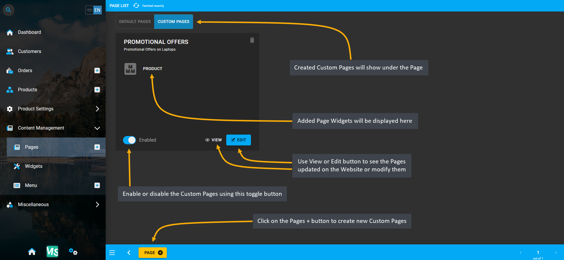 custom pages main, Created Custom Pages will show under the Page List, Enable or disable the Custom Pages using this toggle button, Use View or Edit button to see the Pages updated on the Website or modify them, Added Page Widgets will be displayed here, Click on the Pages + button to create new Custom Pages.