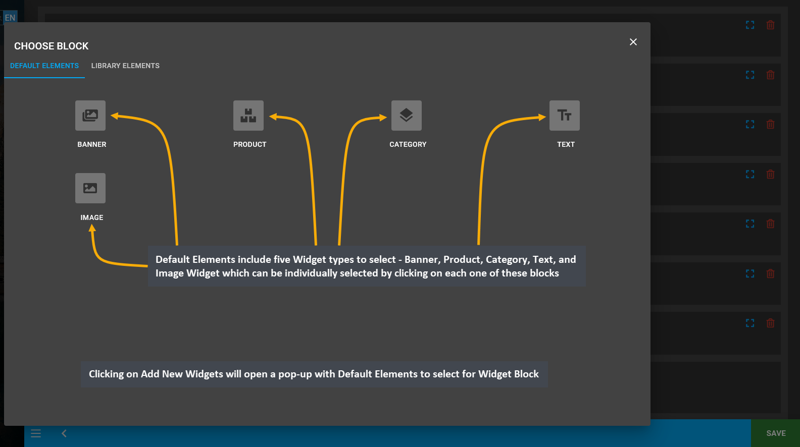 default widget elements, Clicking on Add New Widgets will open a pop-up with Default Elements to select for Widget Block, Default Elements include five Widget types to select - Banner, Product, Category, Text, and Image Widget which can be individually selected by clicking on each one of these blocks.