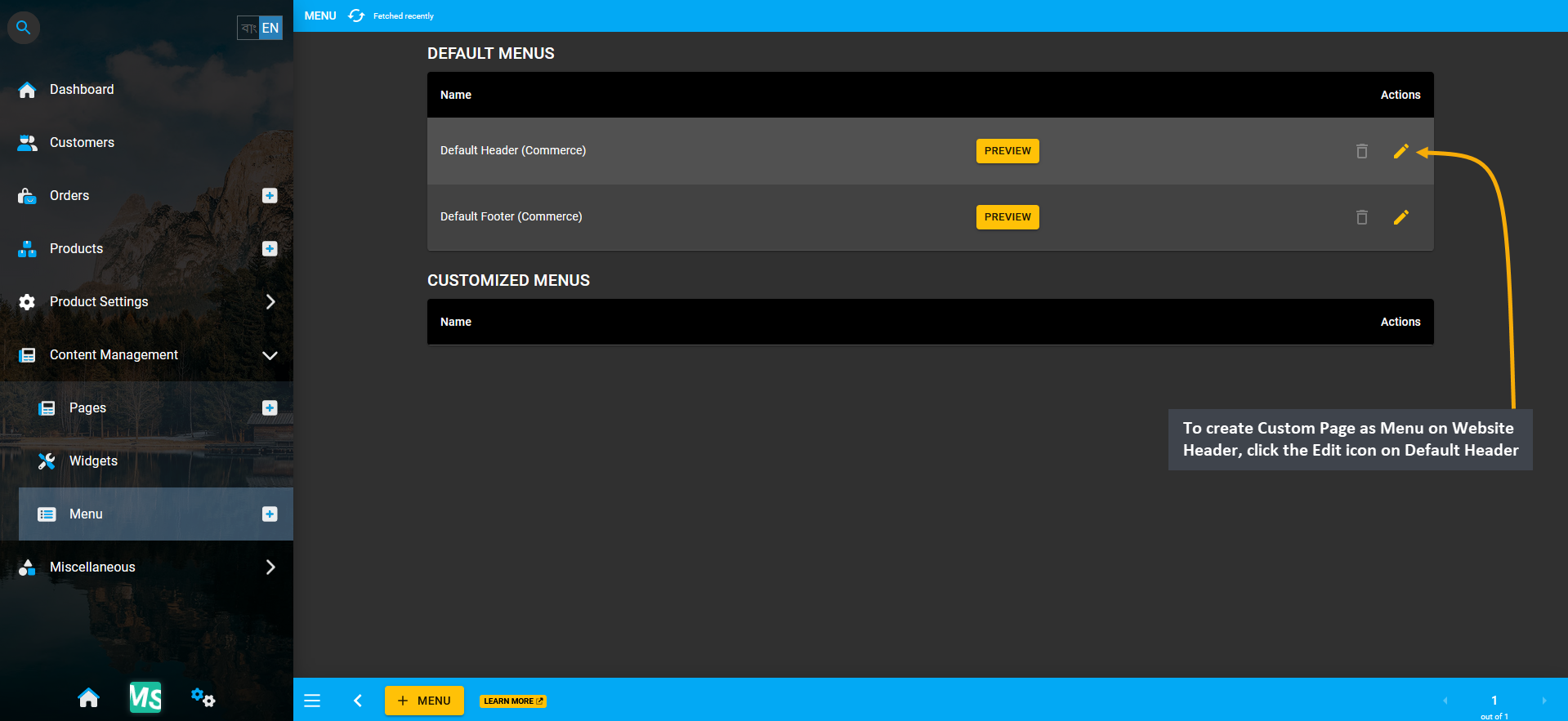 edit default website header, To create Custom Page as Menu on the Website Header, click the Edit icon on Default Header (Commerce).