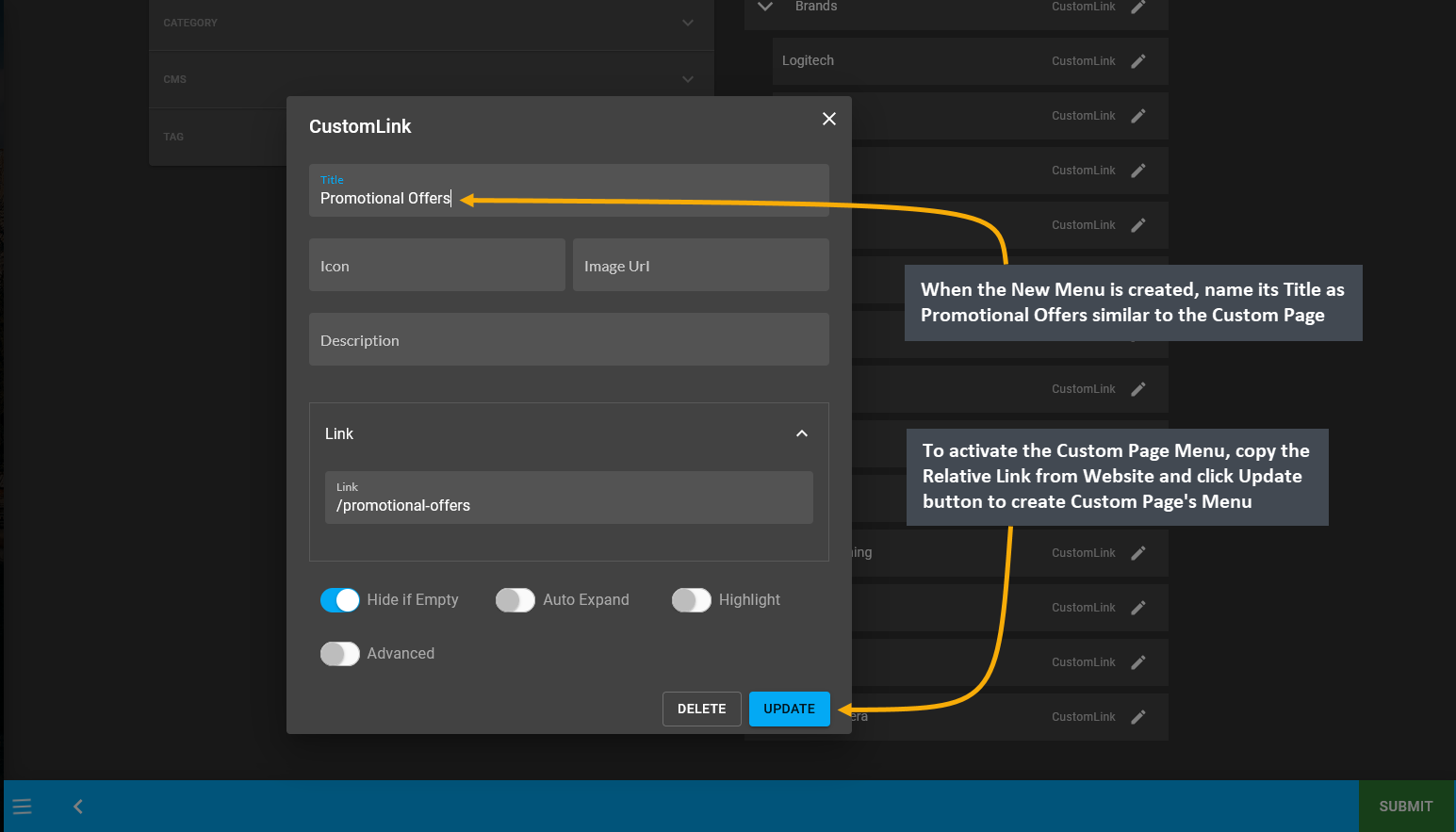 edit name and link on new menu, When the New Menu is created, name its Title as Promotional Offers similar to the Custom Page name, To activate the Custom Page Menu, copy the Relative Link from Website and click Update button to create Custom Page’s Menu.