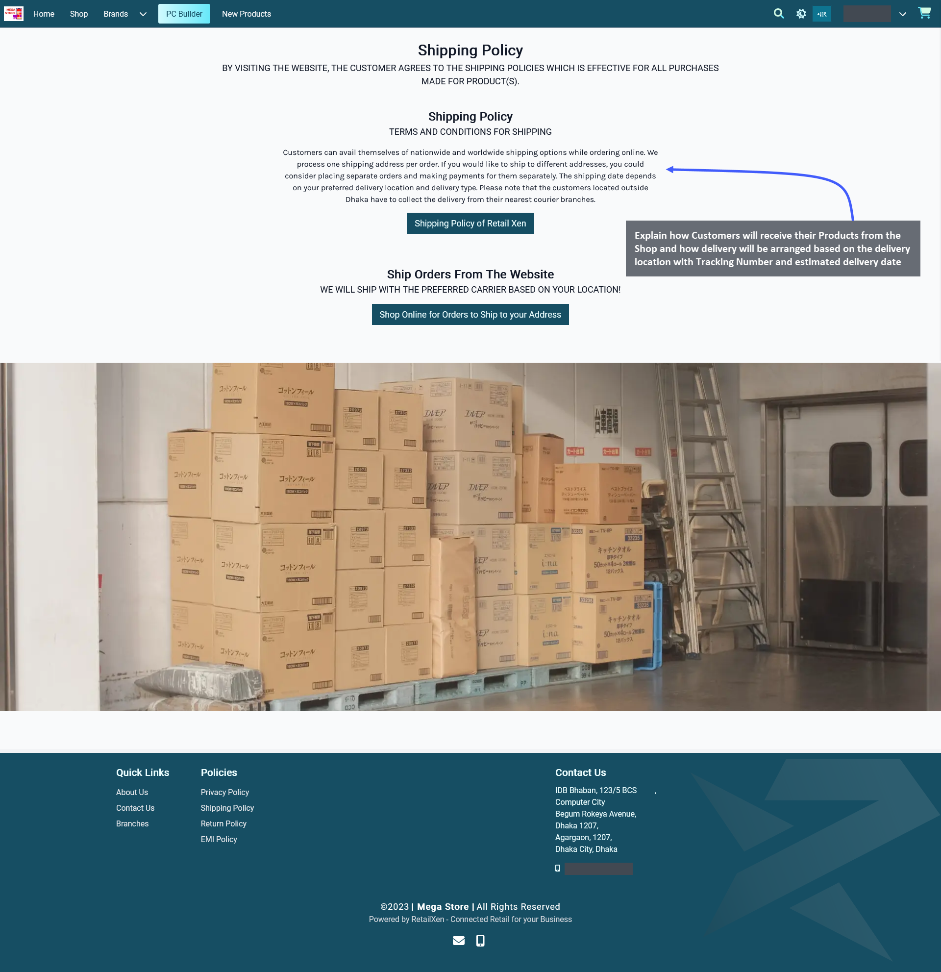 shipping page on website, Explain how Customers will receive their Products from the Shop and how delivery will be arranged based on the delivery location with Tracking Number and estimated delivery date.