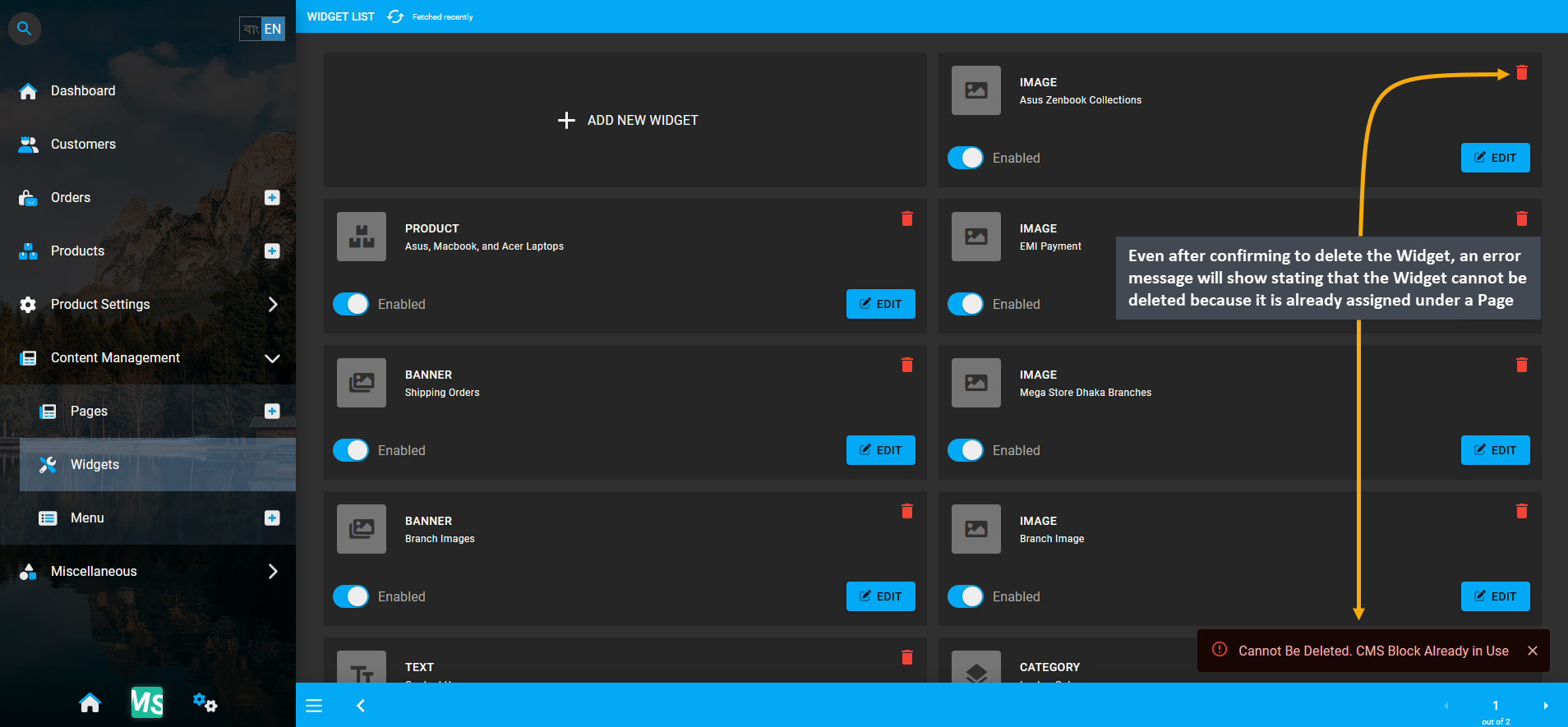 error stating widget cannot be deleted from list, Even after confirming to delete the Widget, an error message will show stating that the Widget cannot be deleted because it is already assigned under a Page.