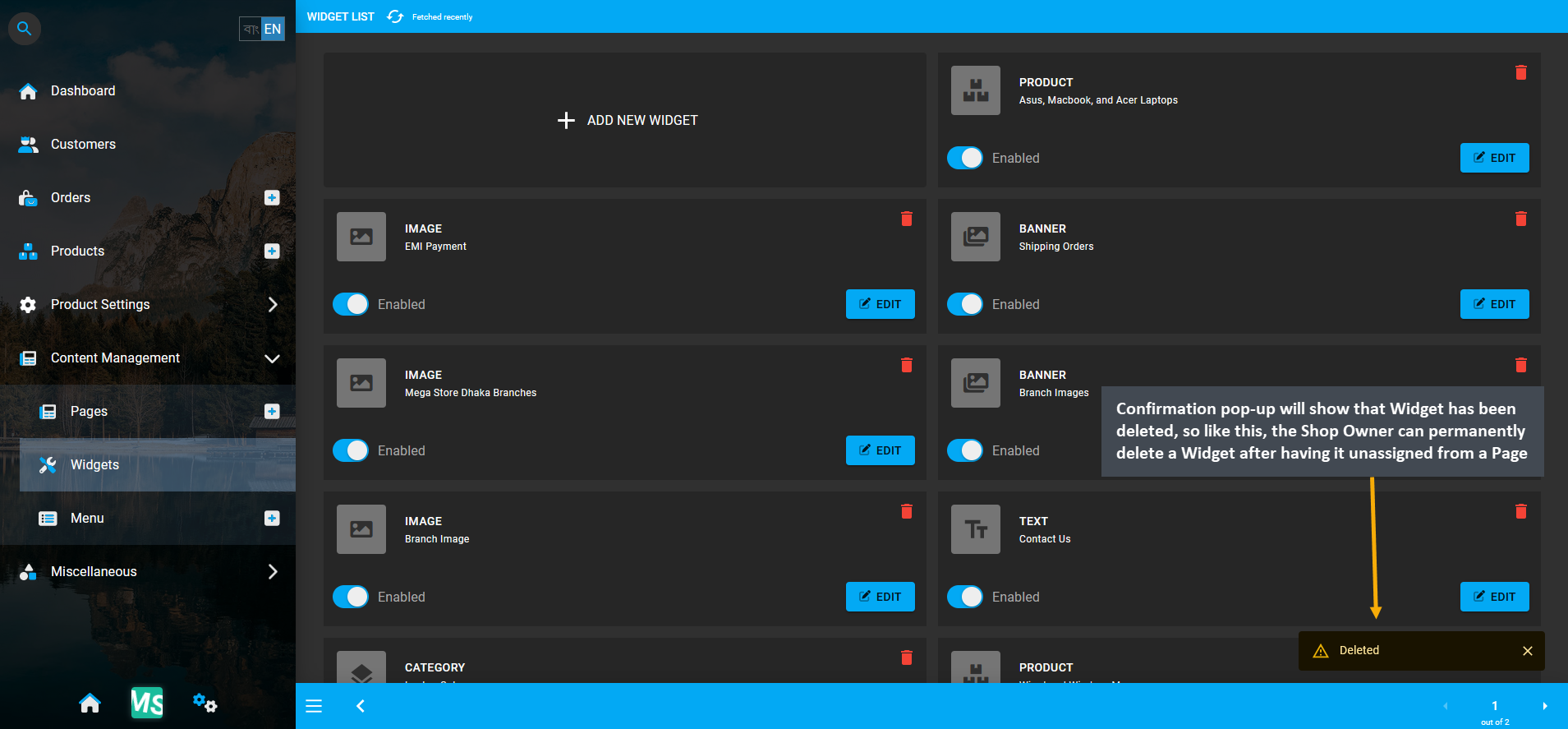 widget deleted permanently from list, Confirmation pop-up will show that Widget has been deleted, so like this, the Shop Owner can permanently delete a Widget after having it unassigned from a Page.