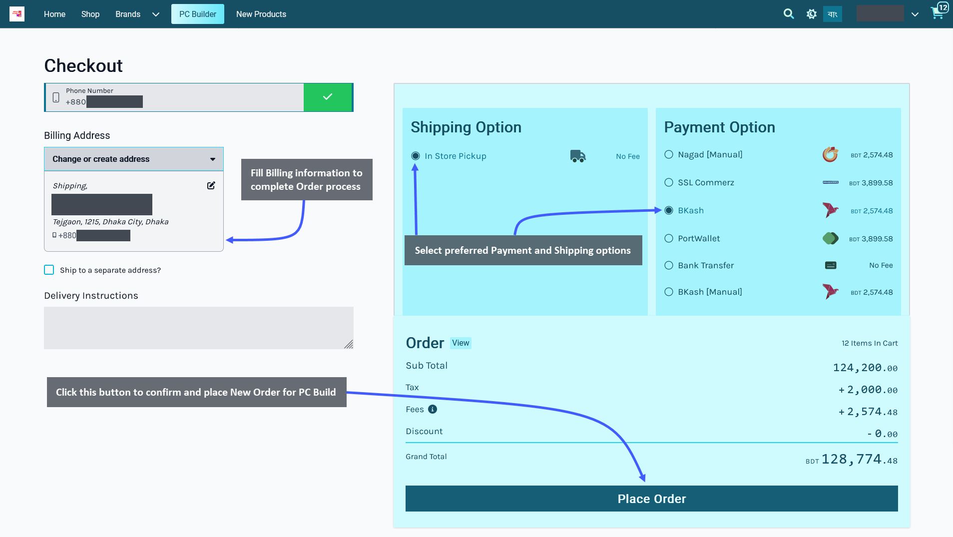 PC build cart checkout, Fill Billing information to complete Order process, Select preferred Payment and Shipping options, Click this button to confirm and place New Order for PC Build