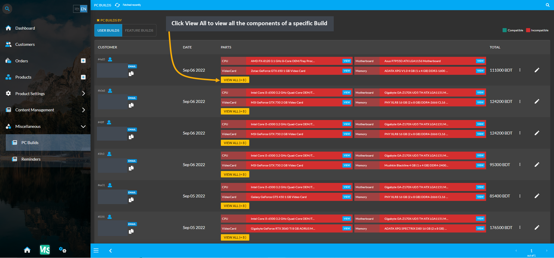 view all button on PC builds, Click View All to view all the components of a specific Build