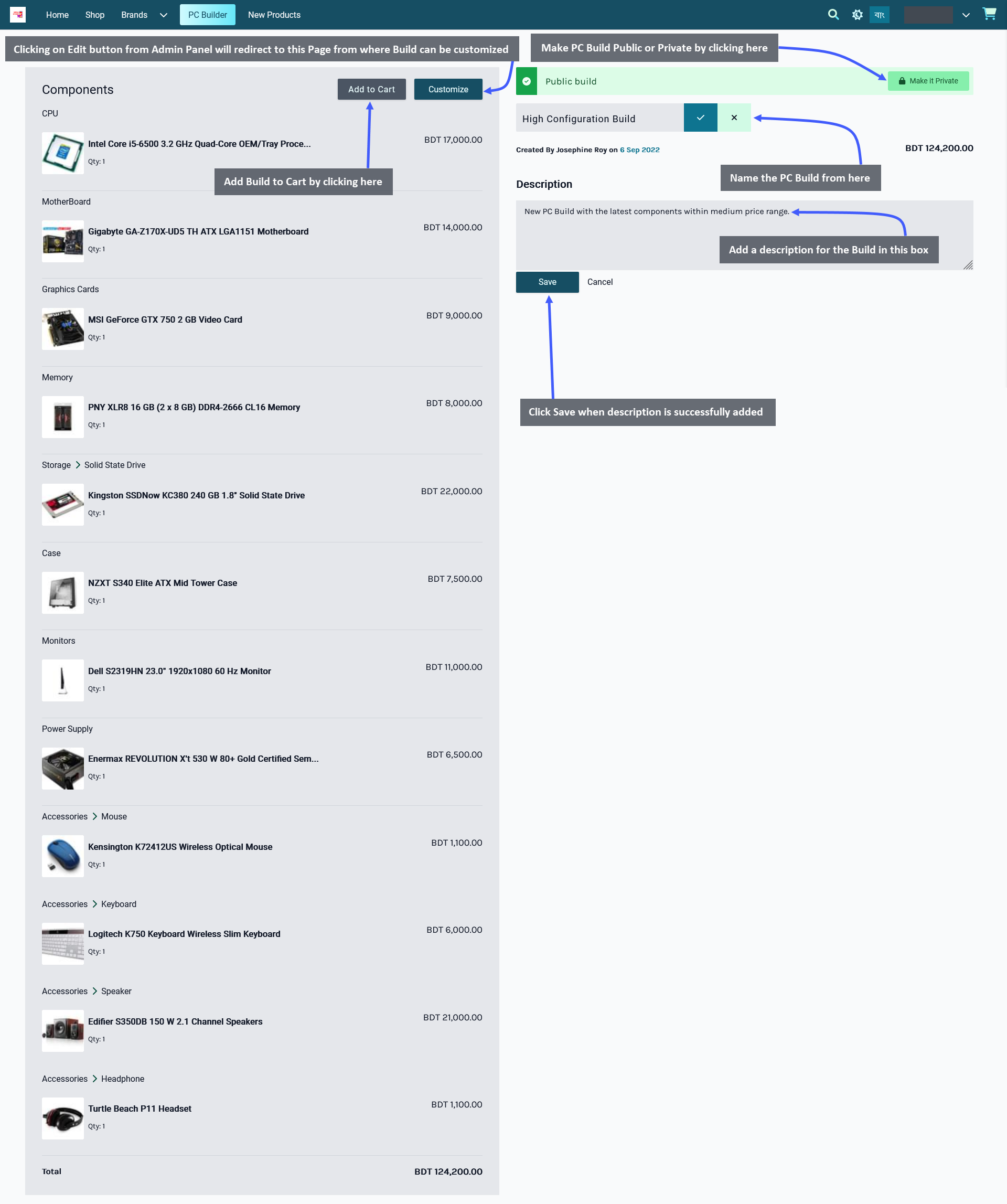 edit user build on website, Clicking on Edit button from Admin Panel will redirect to this Page from where Build can be customized, Add Build to Cart by clicking here, Make PC Build Public or Private by clicking here, Name the PC Build from here, Add a description for the Build in this box, Click Save when description is successfully added